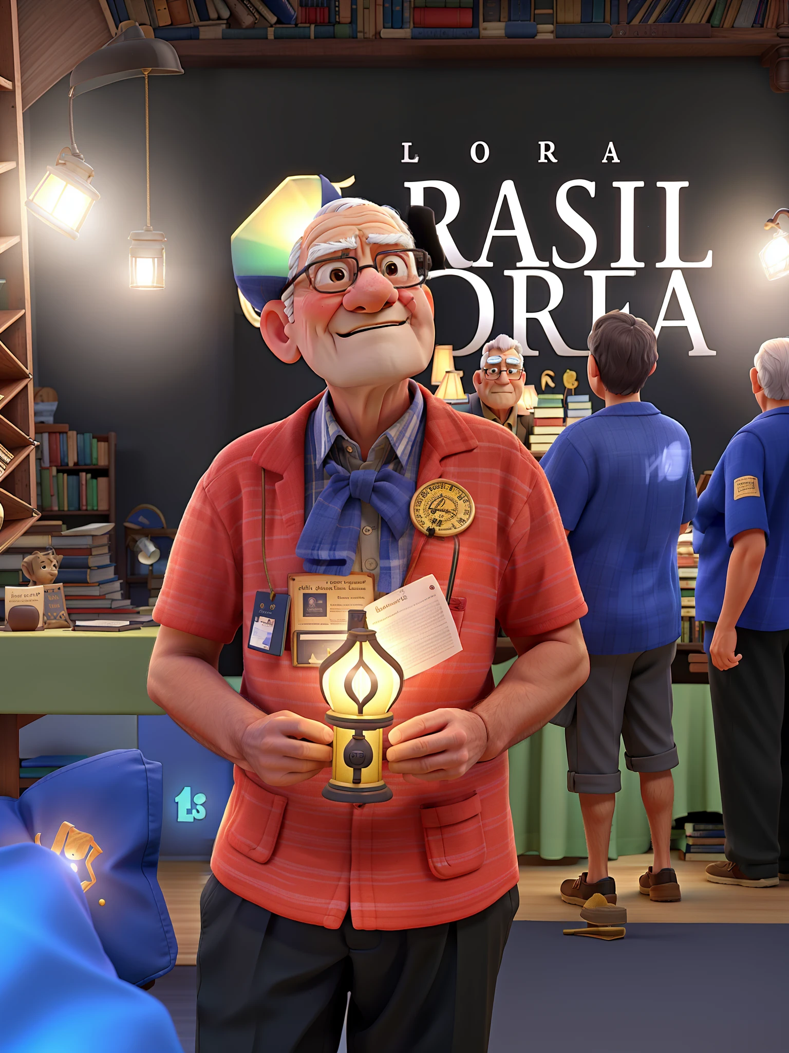 A wise old man standing in front, illuminated by the light of a lamp, against the backdrop of a library