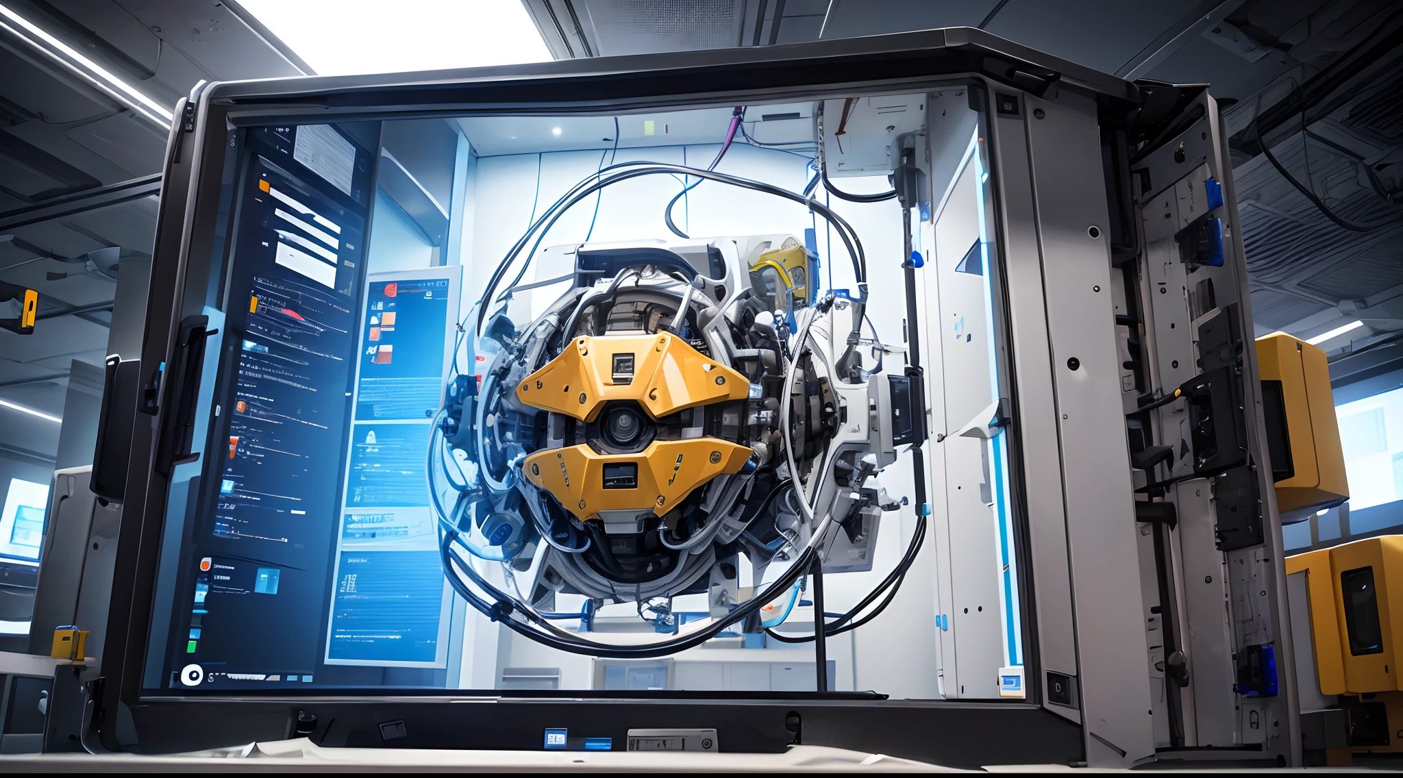 In the R&D lab of a tech company,A group of engineers and scientists are researching and designing new functions for the industrial brain,Filled with innovation and passion,Fully invested in R&D,Complex algorithms and diagrams are displayed on the device and display,close-up perspective ,8K,high definition resolution