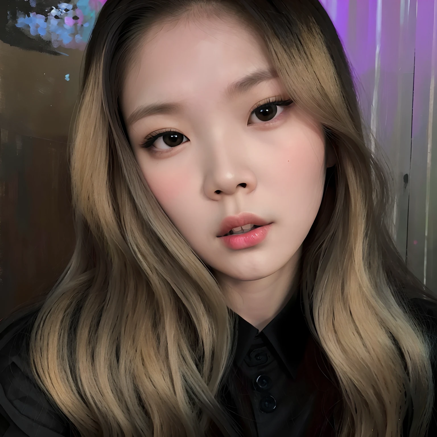 blond haired woman with long hair and black shirt posing for a picture, cl, digital art. @mariomaniacdude, inspired by Yanjun Cheng, asian face, detailed face of a asian girl, realistic artstyle, realism artstyle, cruel korean goth girl, 🤤 girl portrait, ultra realistic face, nft portrait, portrait of jossi of blackpink