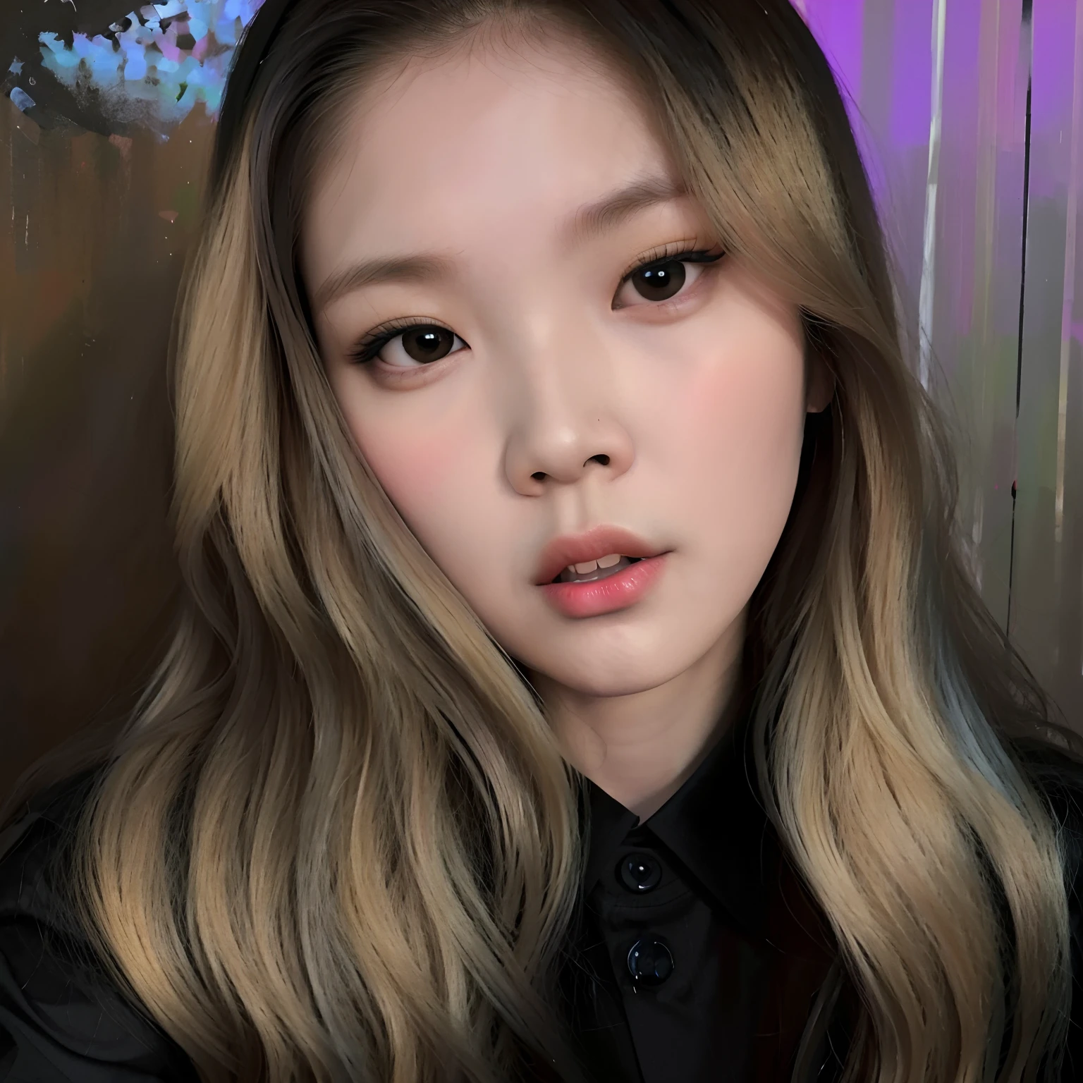 blond haired woman with long hair and black shirt posing for a picture, cl, digital art. @mariomaniacdude, inspired by Yanjun Cheng, asian face, detailed face of a asian girl, realistic artstyle, realism artstyle, cruel korean goth girl, 🤤 girl portrait, ultra realistic face, nft portrait, portrait of jossi of blackpink