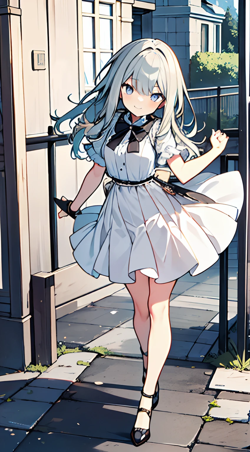 masuter piece, Best Quality,32K、Wallpaper, ultra -detail, Absurd beauty, 1beautiful girl、Big crisp eyes、Hair fluttering in the wind、Slender legs、Make your head and head smaller.、miscievous smile、Angle looking down from above:1.3、♡♡♡、(Poses in motion)、street:1.2