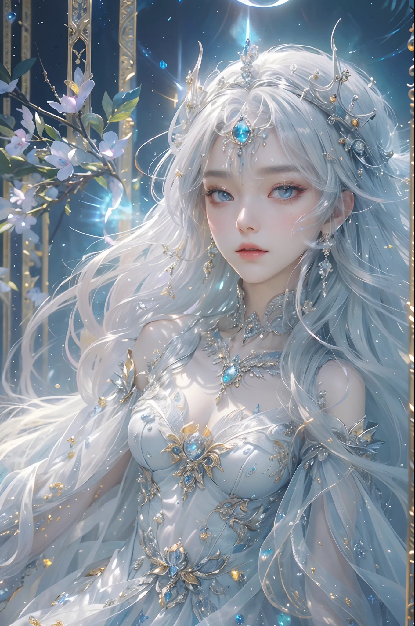 "(masterpiece: 1.3), 8K UHD resolution, ethereal Moon Goddess of unparalleled beauty, Smooth, captivating motion (yellow eyes, extremely detailed, bioluminescent):1.7 , blue bioluminescent body: 1.7. (flying, floating body): 1.5. (surrounding drifting clouds, night sky), gentle, graceful demeanor, elegant and pure temperament. Hair silky (Exquisite silk dress, delicate silver pattern, extremely detailed), (exquisite crown, extremely detailed), Moonlight creates a halo.