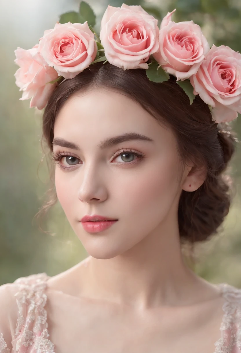 (best quality, ultra-detailed, high-res, masterpiece:1.2), small pink roses, highly detailed, full-body portrait of a woman, showcasing her beauty, graceful pose, mesmerizing eyes and lips.