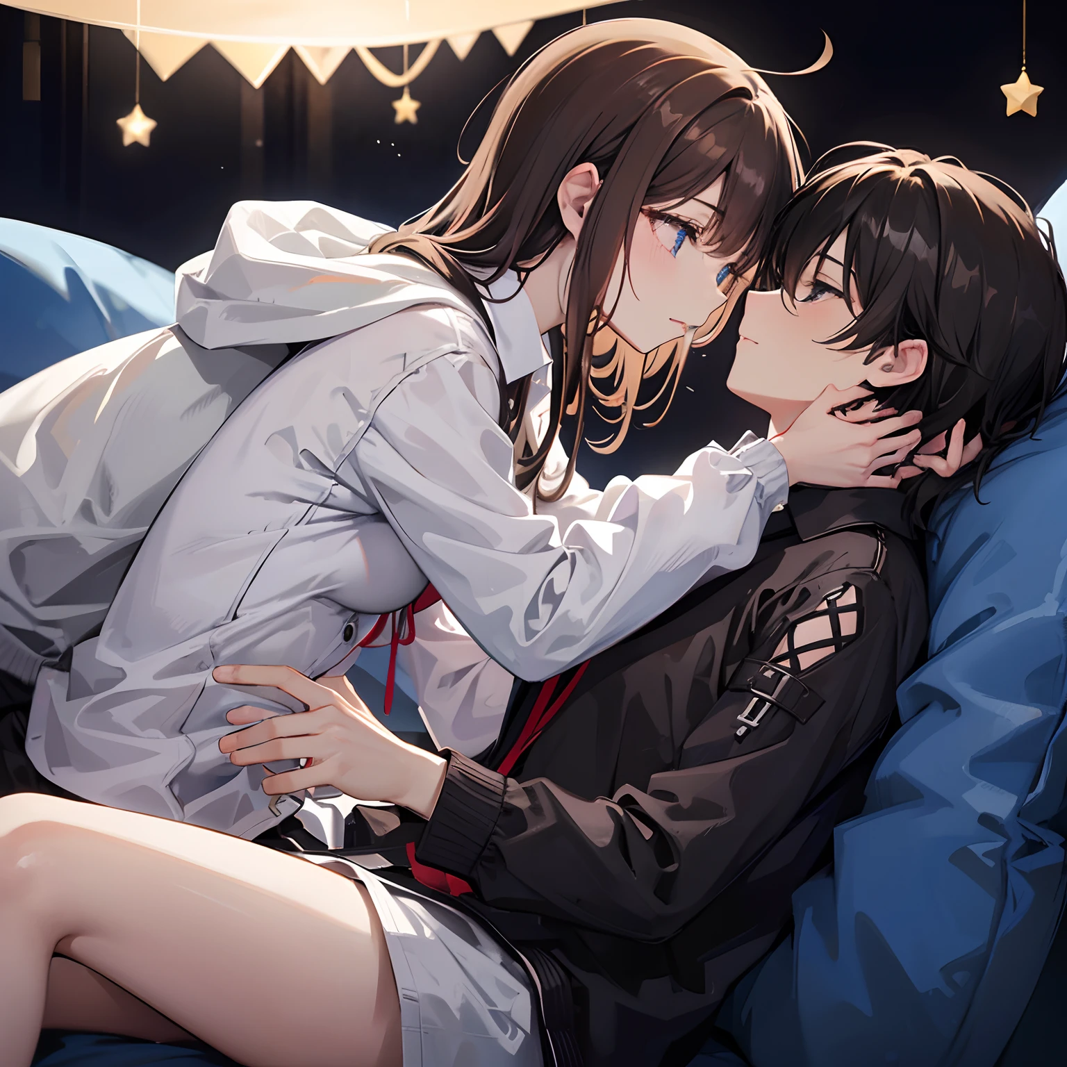 Male and female couples in their 20s、1 male, 1 female、Light clothing for both men and women、During a kiss、Glossy atmosphere、Saliva spills、femele(Brown hair semi-long)closing eye、Sweet sigh、male people(black hair shorthair、Right hand on a woman's cheek)Close your eyes strongly、Background with(a room、sofa)、deep in the night、Darker