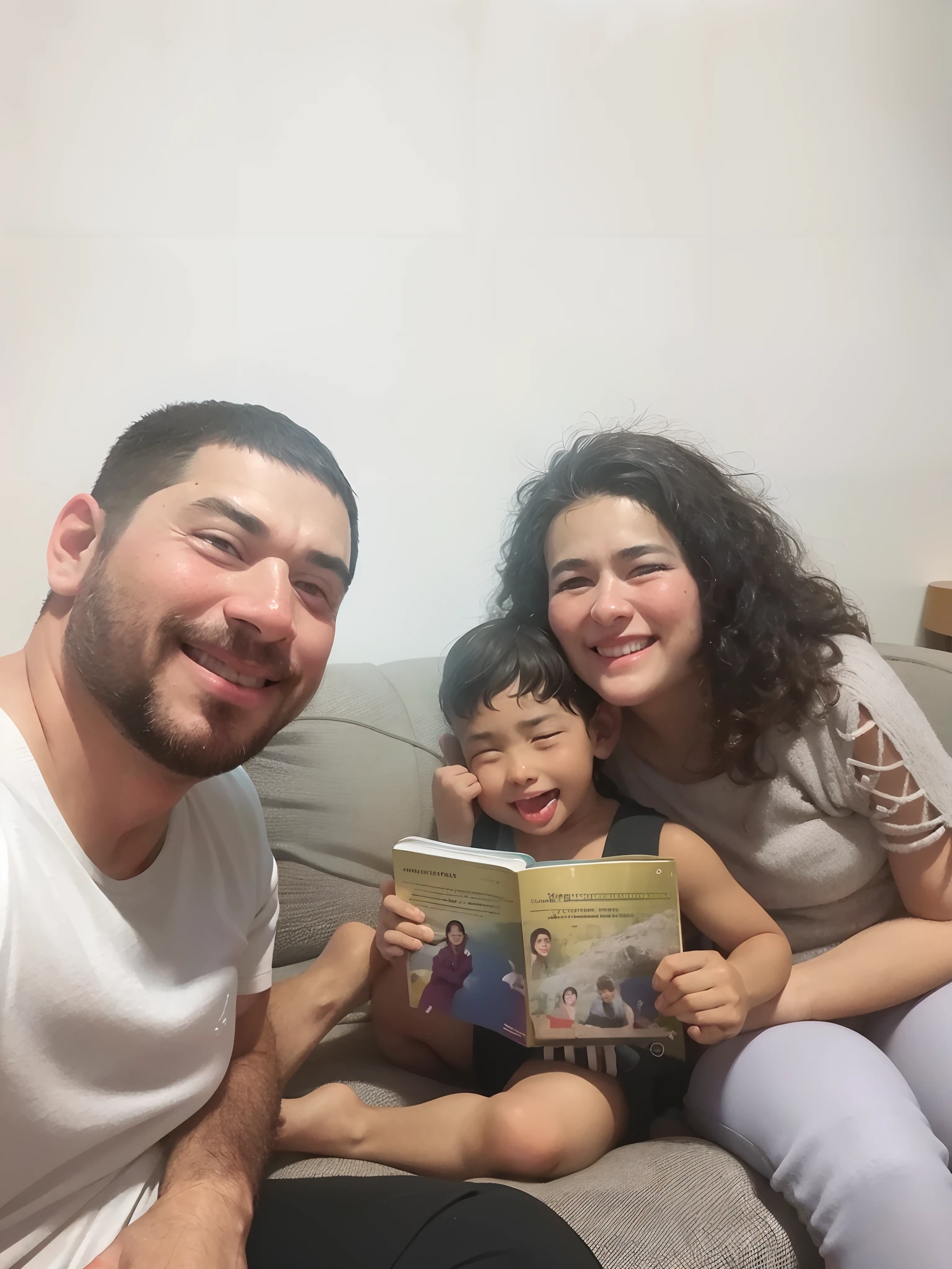 there is a man and woman sitting on a couch with a child, Directed by: Nandor Soldier, Lendo novo livro, Happy family, marido esposa e filho, by Maria Helena Vieira da Silva, In Sao Paulo, Da leitura aos jogos, by Almada Negreiros, david rios ferreira, Ler um livro, fami, Family photo