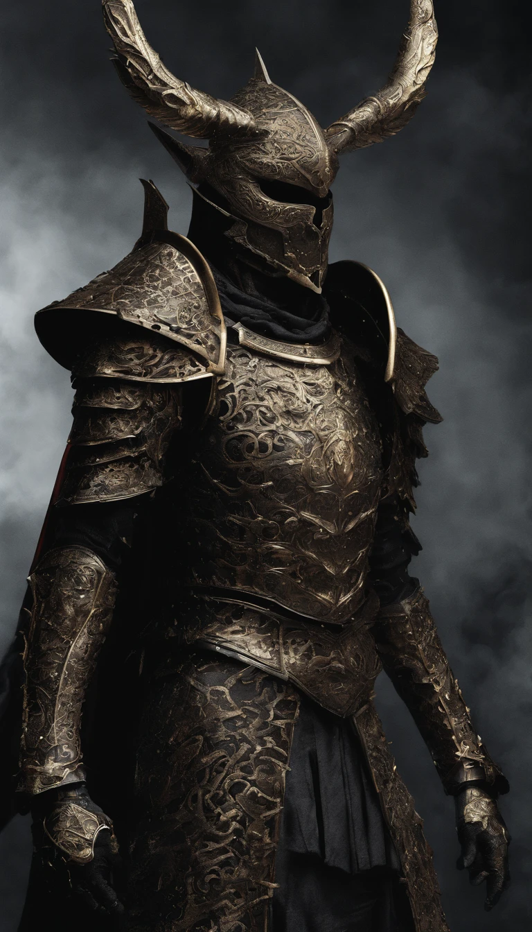 warrior, concept-art, Fantasy art, battleground background, clean render, a horned, Wear a suit of armor, Detailed bushido form smoke, helmet of a forgotten deity, character is standing, 8k Realistic, in game render, detailed face background detail, Art station front page, taur, Pseudo-medieval fantasy, A deity wearing koi armor, detailed bronze armor, Bronze armor, golden etched armor, gold obsidian armor, Light gold armor, Gorgeous filigree armor, A demonic warrior, Gorgeous armor full of thorns, Intricate assasin armor, Intricate metal armor, powerful warrior, Dressed in gorgeous gold armor,Decorated with intricate patterns, The helmet has a large crown and two horns,Glowing red eyes, Everything is in the dark, The smoky background hints at battle scenes, Add an ominous aura to his character,submission, Full body shot.