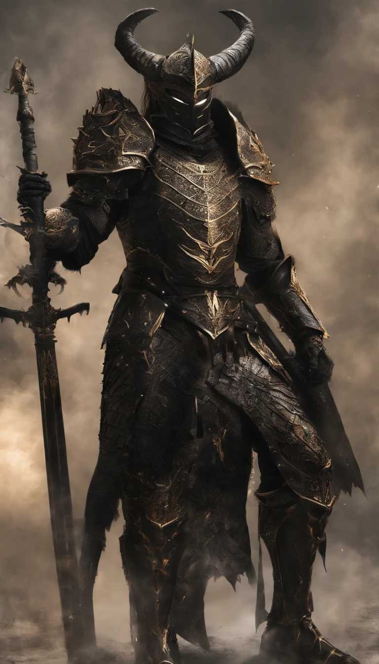 warrior, concept-art, Fantasy art, battleground background, clean render, a horned, Wear a suit of armor, Detailed bushido form smoke, helmet of a forgotten deity, character is standing, 8k Realistic, in game render, detailed face background detail, Art station front page, taur, Pseudo-medieval fantasy, A deity wearing koi armor, detailed bronze armor, Bronze armor, golden etched armor, gold obsidian armor, Light gold armor, Gorgeous filigree armor, A demonic warrior, Gorgeous armor full of thorns, Intricate assasin armor, Intricate metal armor, powerful warrior, Dressed in gorgeous gold armor,Decorated with intricate patterns, The helmet has a large crown and two horns,Glowing red eyes, Everything is in the dark, The smoky background hints at battle scenes, Add an ominous aura to his character,submission, Full body shot.