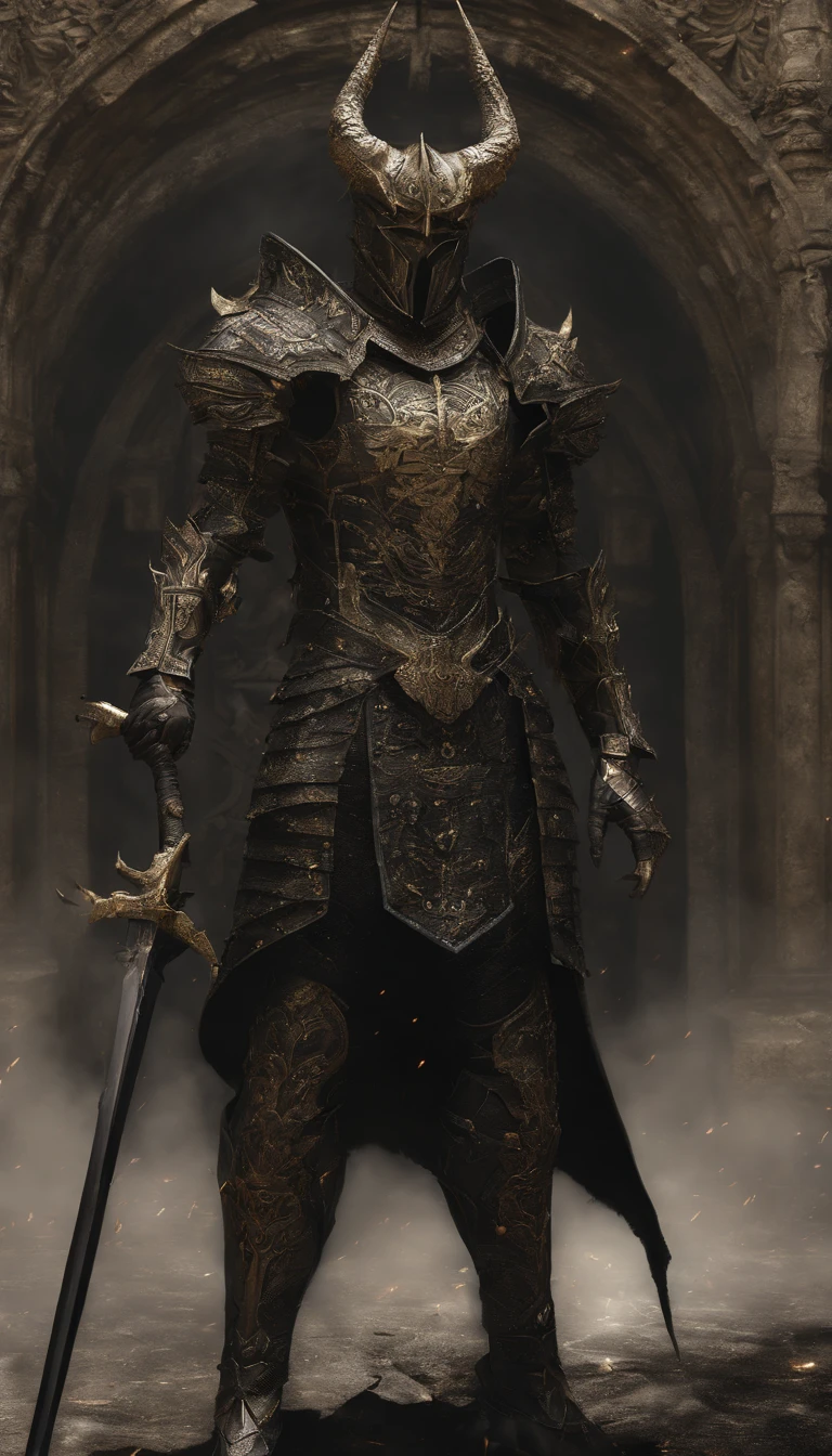 warrior, concept-art,  Fantasy art, battleground background, clean render, a horned, Wear a suit of armor, Detailed bushido form smoke, helmet of a forgotten deity, character is standing, 8k Realistic, in game render, detailed face background detail, Art station front page, taur, Pseudo-medieval fantasy, A deity wearing koi armor, detailed bronze armor, Bronze armor, golden etched armor, gold obsidian armor, Light gold armor, Gorgeous filigree armor, A demonic warrior, Gorgeous armor full of thorns, Intricate assasin armor, Intricate metal armor, powerful warrior, Dressed in gorgeous gold armor，Decorated with intricate patterns, The helmet has a large crown and two horns,Glowing red eyes， Everything is in the dark, The smoky background hints at battle scenes, Add an ominous aura to his character，submission, Full body shot.