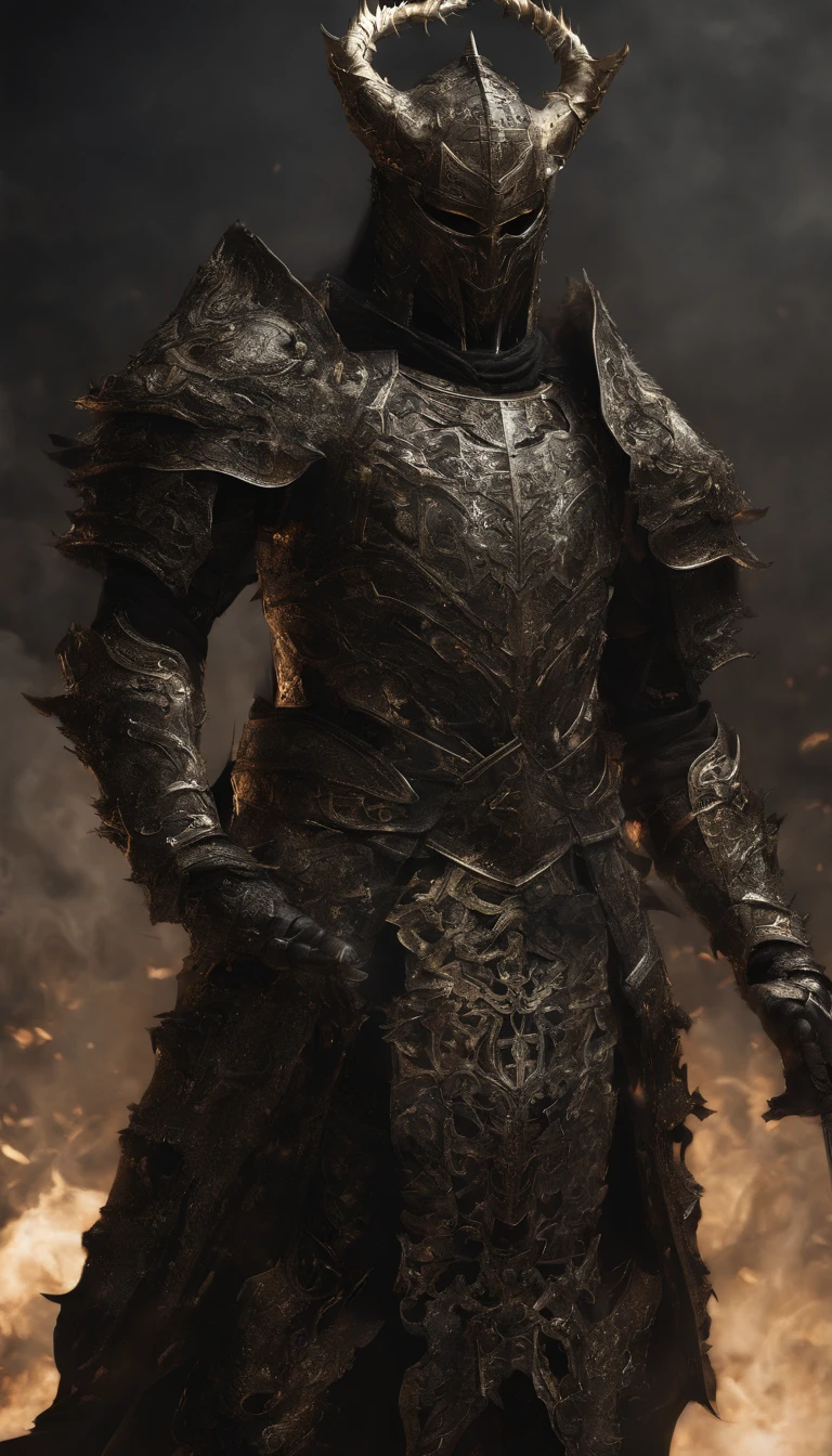 warrior, concept-art,  Fantasy art, battleground background, clean render, a horned, Wear a suit of armor, Detailed bushido form smoke, helmet of a forgotten deity, character is standing, 8k Realistic, in game render, detailed face background detail, Art station front page, taur, Pseudo-medieval fantasy, A deity wearing koi armor, detailed bronze armor, Bronze armor, golden etched armor, gold obsidian armor, Light gold armor, Gorgeous filigree armor, A demonic warrior, Gorgeous armor full of thorns, Intricate assasin armor, Intricate metal armor, powerful warrior, Dressed in gorgeous gold armor，Decorated with intricate patterns, The helmet has a large crown and two horns,Glowing red eyes， Everything is in the dark, The smoky background hints at battle scenes, Add an ominous aura to his character，submission, Full body shot.