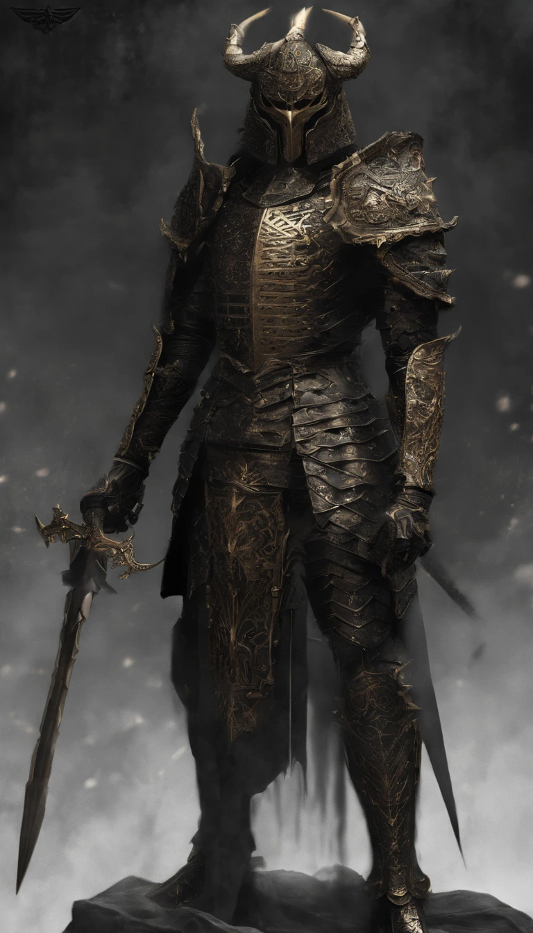 warrior, concept-art,  Fantasy art, battleground background, clean render, a horned, Wear a suit of armor, Detailed bushido form smoke, helmet of a forgotten deity, character is standing, 8k Realistic, in game render, detailed face background detail, Art station front page, taur, Pseudo-medieval fantasy, A deity wearing koi armor, detailed bronze armor, Bronze armor, golden etched armor, gold obsidian armor, Light gold armor, Gorgeous filigree armor, A demonic warrior, Gorgeous armor full of thorns, Intricate assasin armor, Intricate metal armor, powerful warrior, Dressed in gorgeous gold armor，Decorated with intricate patterns, The helmet has a large crown and two horns,Glowing red eyes， Everything is in the dark, The smoky background hints at battle scenes, Add an ominous aura to his character，submission, Full body shot.