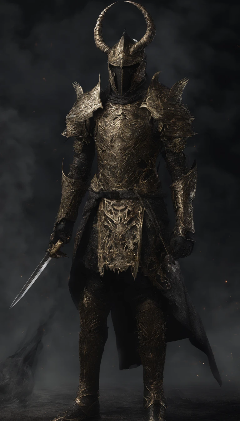 warrior, concept-art, Fantasy art, battleground background, clean render, a horned, Wear a suit of armor, Detailed bushido form smoke, helmet of a forgotten deity, character is standing, 8k Realistic, in game render, detailed face background detail, Art station front page, taur, Pseudo-medieval fantasy, A deity wearing koi armor, detailed bronze armor, Bronze armor, golden etched armor, gold obsidian armor, Light gold armor, Gorgeous filigree armor, A demonic warrior, Gorgeous armor full of thorns, Intricate assasin armor, Intricate metal armor, powerful warrior, Dressed in gorgeous gold armor,Decorated with intricate patterns, The helmet has a large crown and two horns,Glowing red eyes, Everything is in the dark, The smoky background hints at battle scenes, Add an ominous aura to his character,submission, Full body shot.