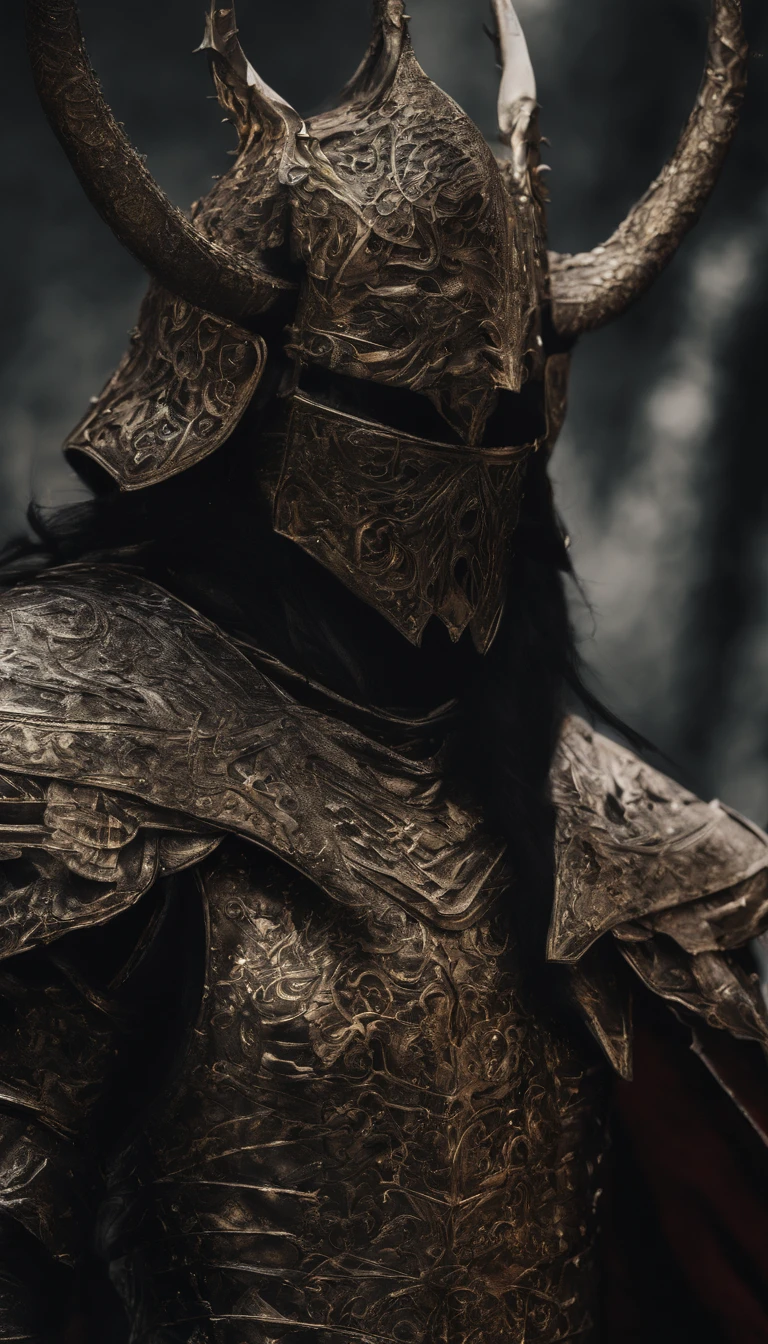 warrior, concept-art,  Fantasy art, battleground background, clean render, a horned, Wear a suit of armor, Detailed bushido form smoke, helmet of a forgotten deity, character is standing, 8k Realistic, in game render, detailed face background detail, Art station front page, taur, Pseudo-medieval fantasy, A deity wearing koi armor, detailed bronze armor, Bronze armor, golden etched armor, gold obsidian armor, Light gold armor, Gorgeous filigree armor, A demonic warrior, Gorgeous armor full of thorns, Intricate assasin armor, Intricate metal armor, powerful warrior, Dressed in gorgeous gold armor，Decorated with intricate patterns, The helmet has a large crown and two horns,Glowing red eyes， Everything is in the dark, The smoky background hints at battle scenes, Add an ominous aura to his character，submission, Full body shot.