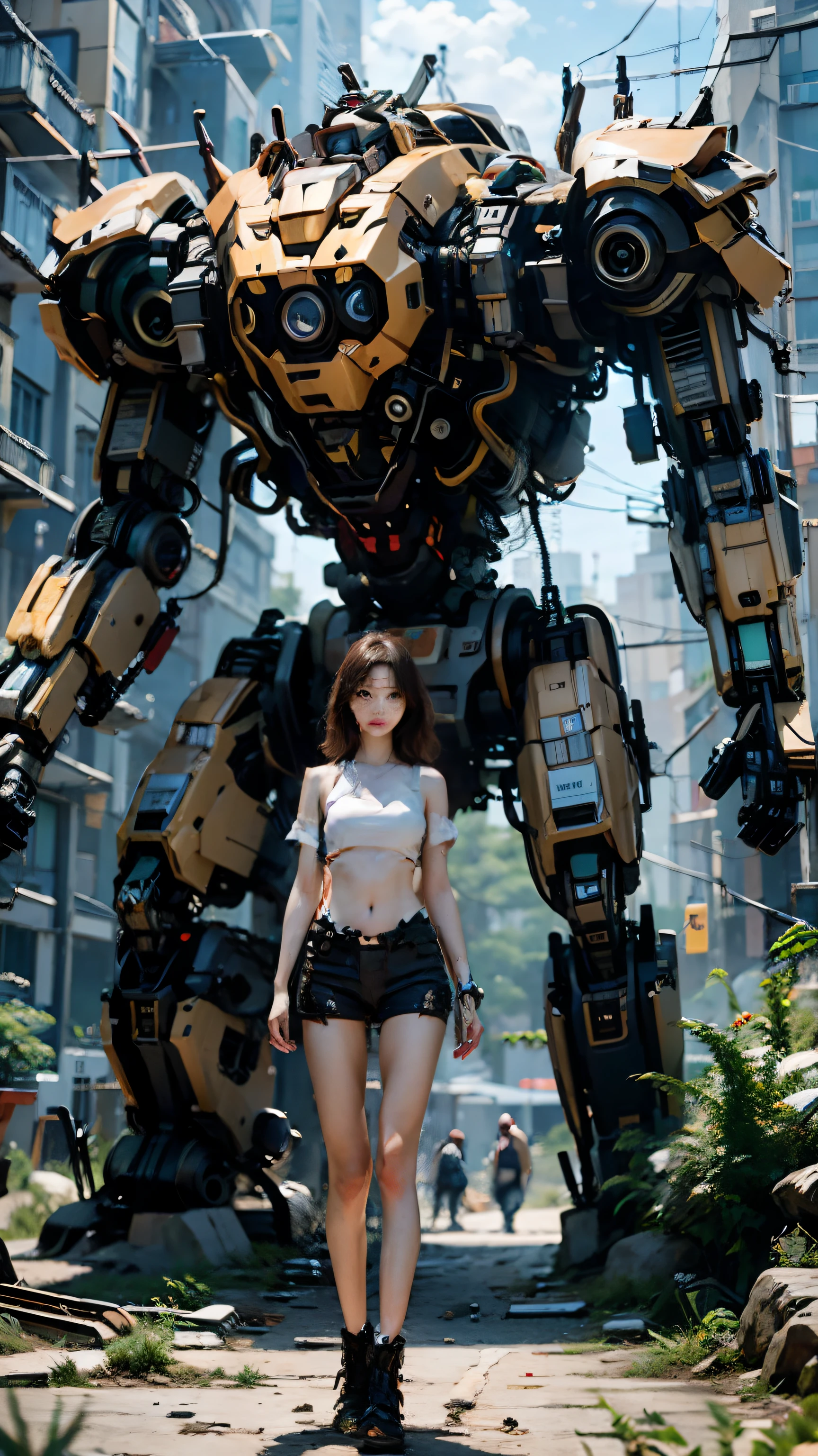 ((masterpiece, best quality)),illustration,ultra detailed 8k,photorealistic,sharp focus,highly detailed,professional lighting,colorful details,iridescent colors BREAK extreme long shot of a factory,large mechanical robot construction,microchip,computer,glowing,intricate details,shitu-mecha,1girl is standing in front of the audience,Navel