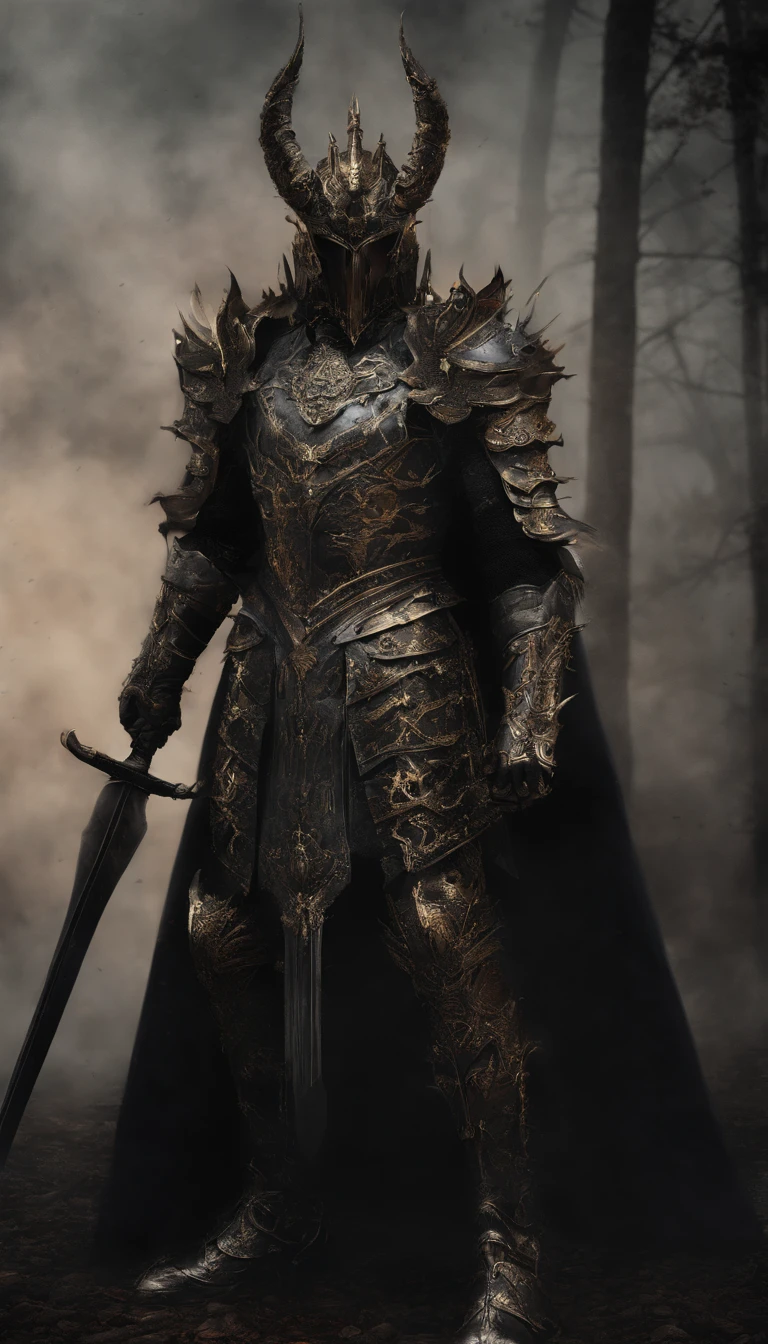 warrior, concept-art, Fantasy art, battleground background, clean render, a horned, Wear a suit of armor, Detailed bushido form smoke, helmet of a forgotten deity, character is standing, 8k Realistic, in game render, detailed face background detail, Art station front page, taur, Pseudo-medieval fantasy, A deity wearing koi armor, detailed bronze armor, Bronze armor, golden etched armor, gold obsidian armor, Light gold armor, Gorgeous filigree armor, A demonic warrior, Gorgeous armor full of thorns, Intricate assasin armor, Intricate metal armor, powerful warrior, Dressed in gorgeous gold armor,Decorated with intricate patterns, The helmet has a large crown and two horns,Glowing red eyes, Everything is in the dark, The smoky background hints at battle scenes, Add an ominous aura to his character,submission, Full body shot.
