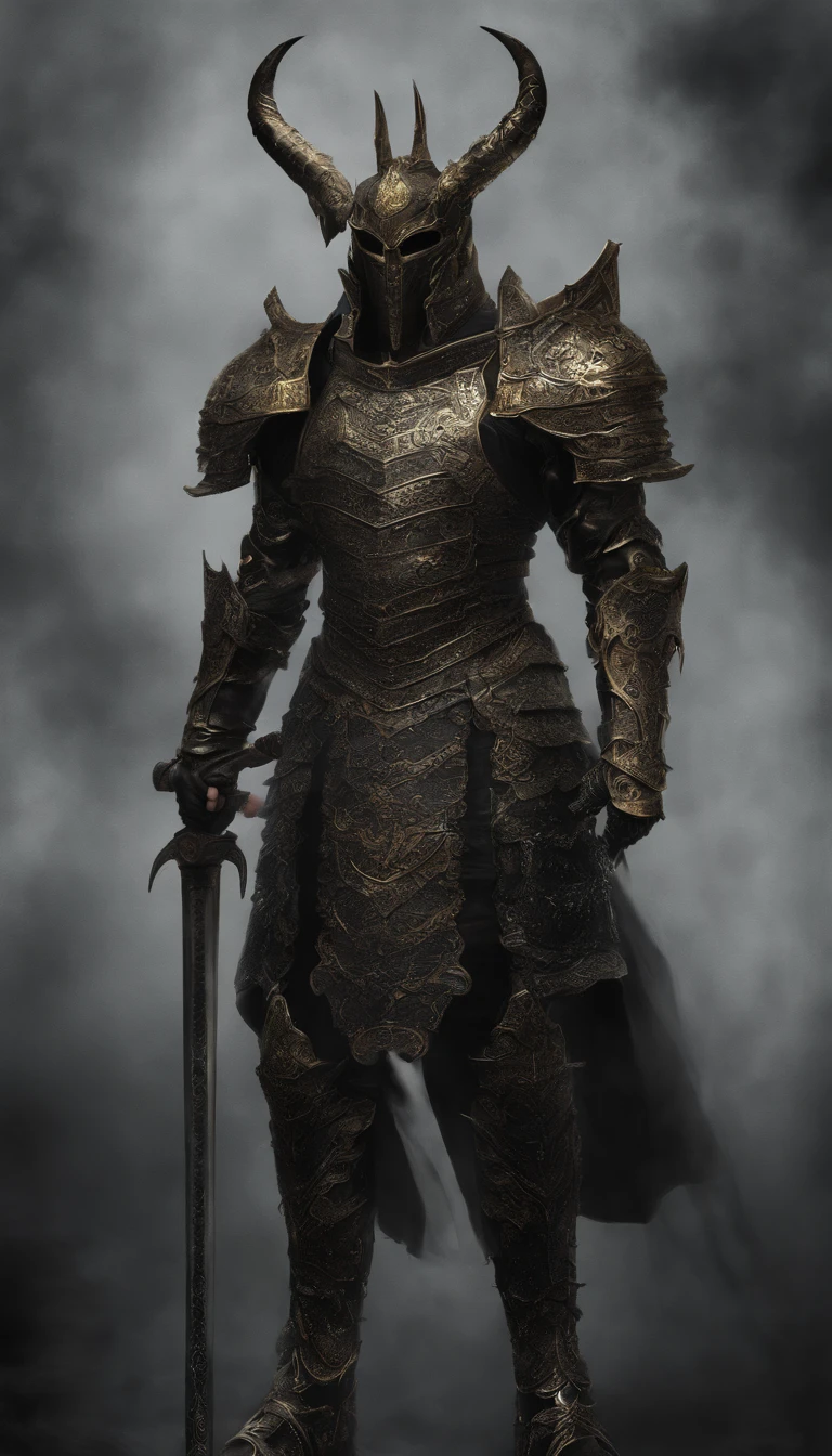 warrior, concept-art, Fantasy art, battleground background, clean render, a horned, Wear a suit of armor, Detailed bushido form smoke, helmet of a forgotten deity, character is standing, 8k Realistic, in game render, detailed face background detail, Art station front page, taur, Pseudo-medieval fantasy, A deity wearing koi armor, detailed bronze armor, Bronze armor, golden etched armor, gold obsidian armor, Light gold armor, Gorgeous filigree armor, A demonic warrior, Gorgeous armor full of thorns, Intricate assasin armor, Intricate metal armor, powerful warrior, Dressed in gorgeous gold armor,Decorated with intricate patterns, The helmet has a large crown and two horns,Glowing red eyes, Everything is in the dark, The smoky background hints at battle scenes, Add an ominous aura to his character,submission, Full body shot.