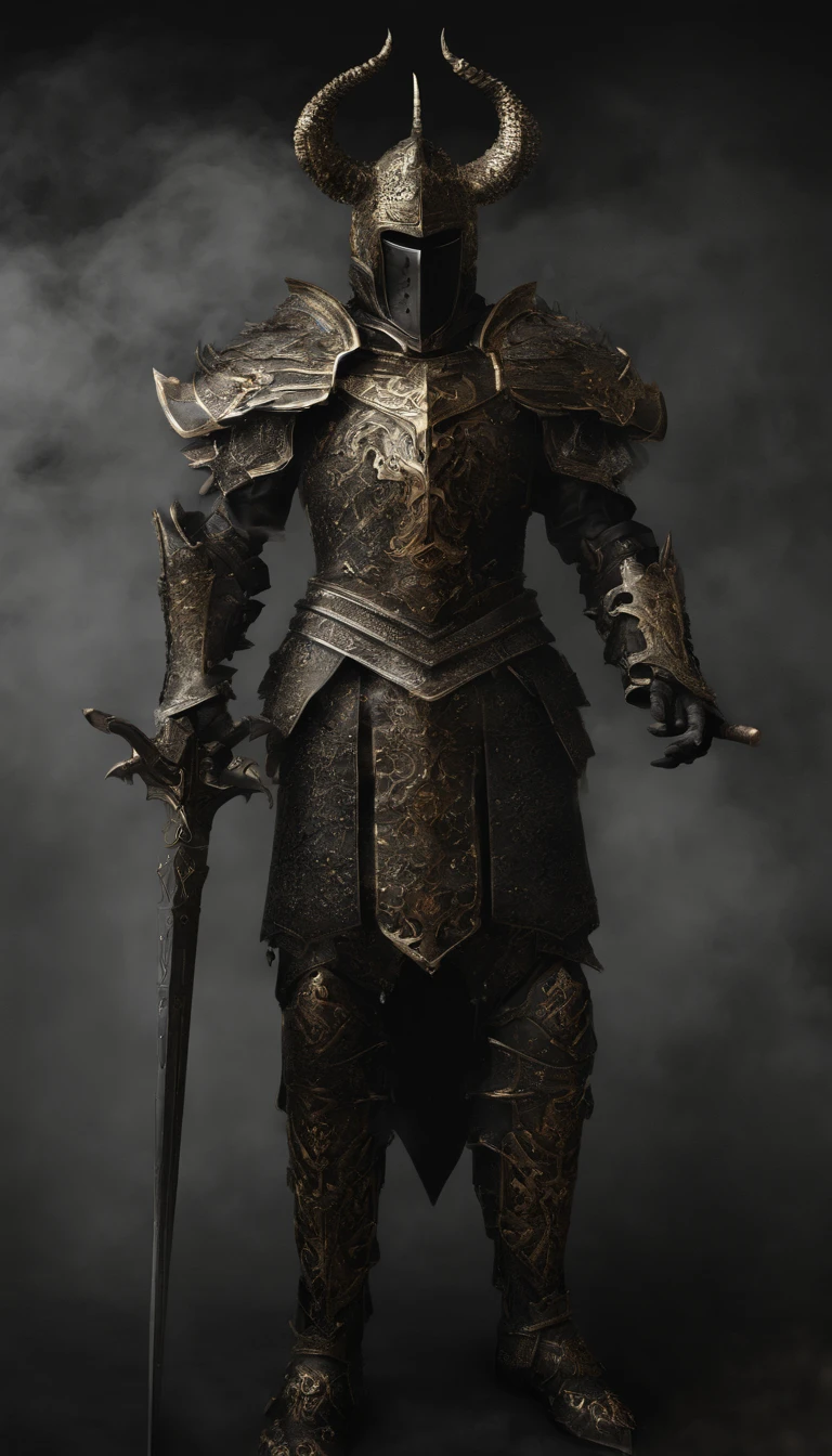 warrior, concept-art, Fantasy art, battleground background, clean render, a horned, Wear a suit of armor, Detailed bushido form smoke, helmet of a forgotten deity, character is standing, 8k Realistic, in game render, detailed face background detail, Art station front page, taur, Pseudo-medieval fantasy, A deity wearing koi armor, detailed bronze armor, Bronze armor, golden etched armor, gold obsidian armor, Light gold armor, Gorgeous filigree armor, A demonic warrior, Gorgeous armor full of thorns, Intricate assasin armor, Intricate metal armor, powerful warrior, Dressed in gorgeous gold armor,Decorated with intricate patterns, The helmet has a large crown and two horns,Glowing red eyes, Everything is in the dark, The smoky background hints at battle scenes, Add an ominous aura to his character,submission, Full body shot.