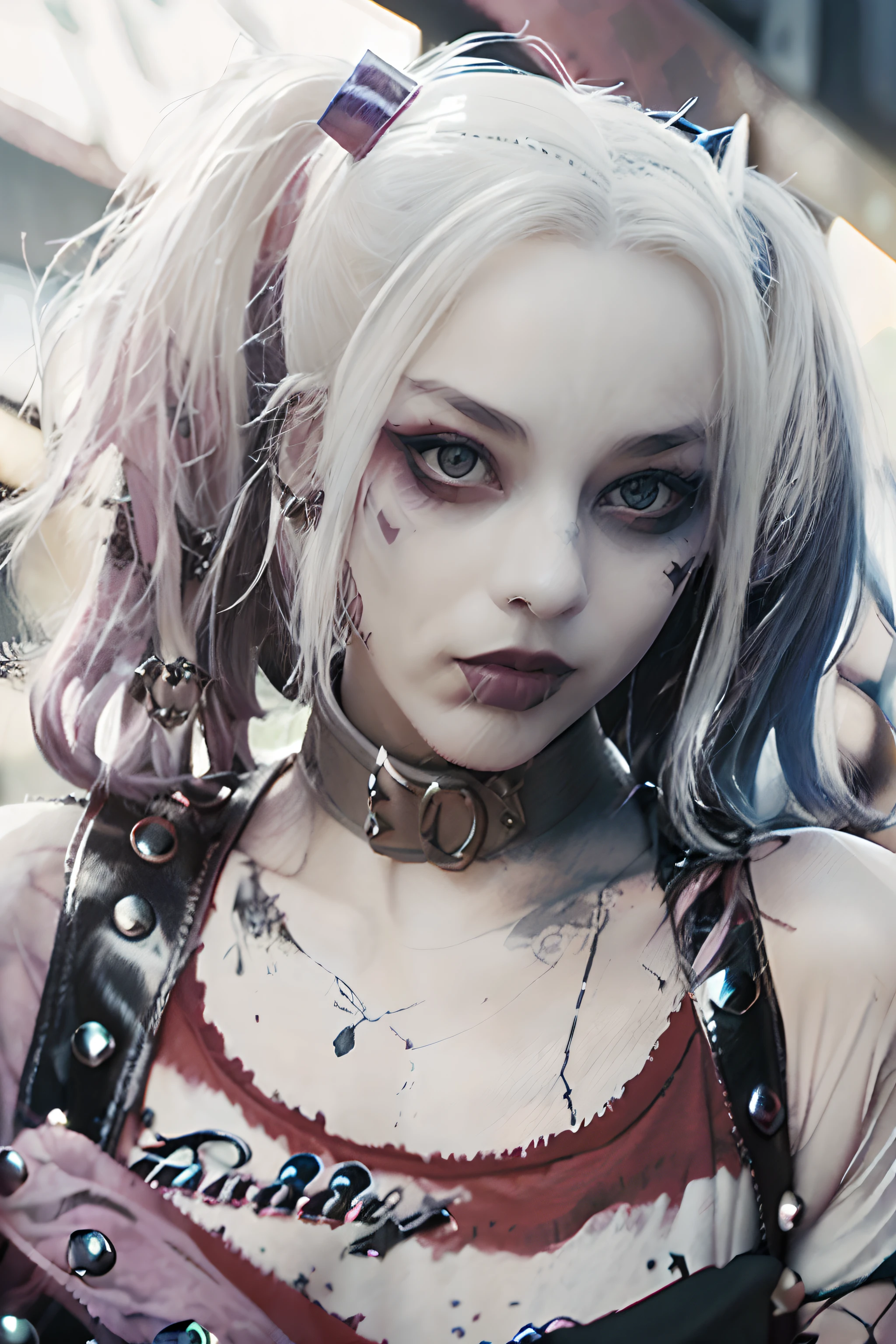 ((Harley Quinn como Garota Punk)), emo,sorriso, tatuagens, (gargalhada), Tosaka、Se mangas moicanas、A tatuagem, lo gothic punk, 1girl em, solo, medium shot, ((durante a noite)), bokeh dof, Neon light, olhos iridescentes, starly sky, cabelos loiros com mechas rosa e azul ao estilo Harley Quinn, Sobrancelhas pretas, Cabelos radiantes, brinco, franja, joias, Bluntbangs, Backround desfocado, borrado, adornos de cabelo, pearsing, Olhe para os espectadores, retratos,、lo gothic、(masutepiece), (retrato), (aesthetic), (Beautiful), (loira superior ao estilo Harley Quinn), (alta qualidade), (aesthetic clothing), (Professional angle), (thirds rule), (Feminino), (female), (Beautiful),(feminine features), (18 anos), sozinho, 1 mulher, (Harley Quinn punk encantadora), Invernos, dramatic light, (Standing), Maquiagem preta, batom preto, sombra nos olhos preta;, (face frontal), (Challenging Expression), ((desafio)), (Jaquetas de couro e tatuagens), (e.G. e rosas), (cabelos grossos), Cabelos foscos com brilho, (Faixas de cabelo espalhadas no cabelo), (Visual arrojado e arrojado), (pale skin), (Roupas escuras), (camiseta de banda), (ripped jeans), (-), Crew neckline), ((Fundo do beco urbano)), (tiro de perto), beautiful hands, normal hands, two arms, Complete hands, Corpo bonito, Dedos bonitos, dedos normais, cinco dedos, cinco dedos, (Polegar, dedo indicador, dedo anelar), Orelhas bonitas, orelhas normais, Olhos bonitos, olhos brilhantes, Boca bonita, beautiful lips,