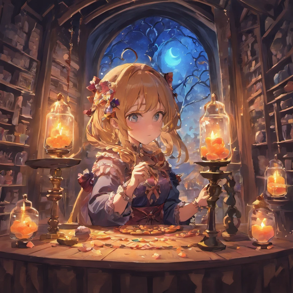 high-level image quality、8K、the detailed images、Halloween、candies、Young witch、house in forest、Moonlight shines through the window、sweets, Candles and crystal balls on wooden table、Cute fortune teller、Black cat、
