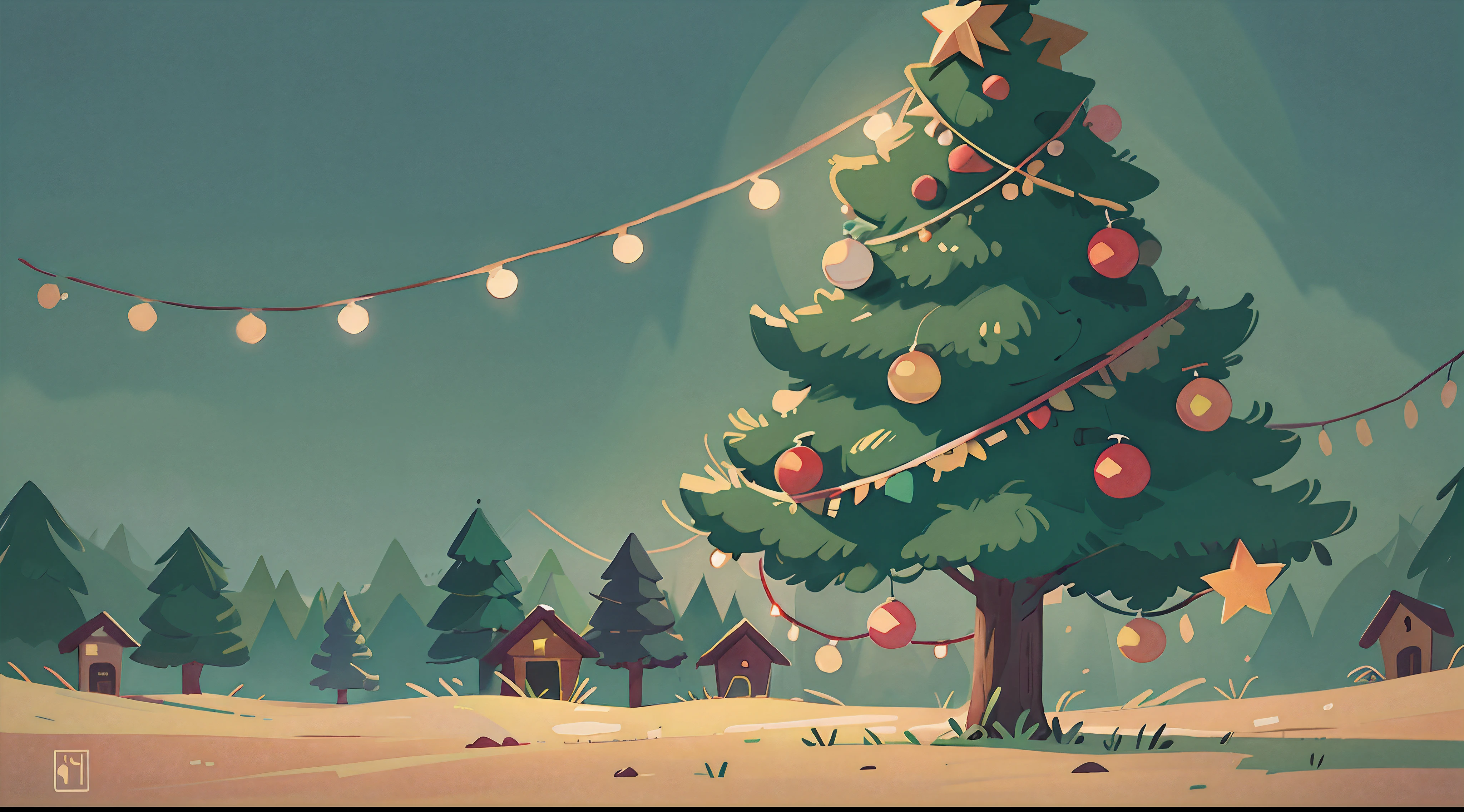 Christmas tree,Presentes,lareira,a noite,Cartoon illustration style,Retro tone