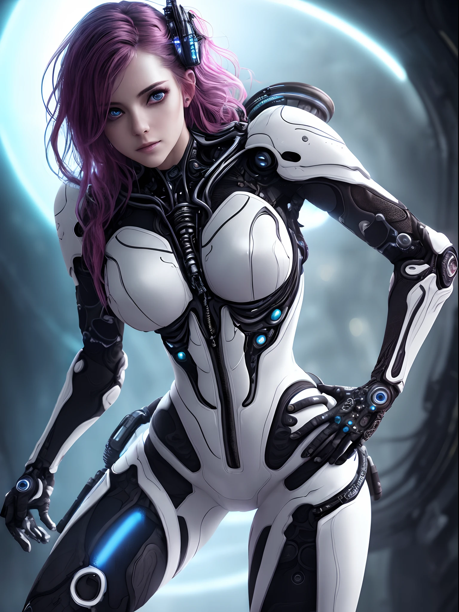 Realistic, photorealistic, cute sexy woman, full body shot, detailed perfect eyes, bottom view, looking to camera, (tight-fitting white elastic sci-fi costume), unzipped, spot light, deep shadows, luminism, 4k resolution, realistic cyberpunk, fractal isometrics details bioluminescence, a stunning realistic photography, intricately detailed, cinematic, dinamic pose,  in movement, awesome full color, dark atmosphere, blurred cyberpunk background, analog photo style, depth of field