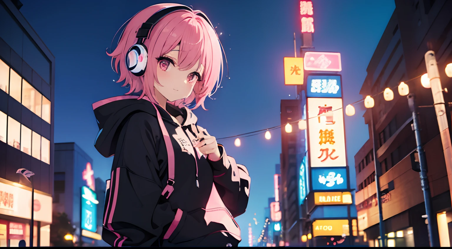 ​masterpiece、top-quality、Movie stills、1girl in、Artistic background、pink shorth hair、headphones、kawaii、with light glowing、Happiness、Short hair、Wearing a black hoodie