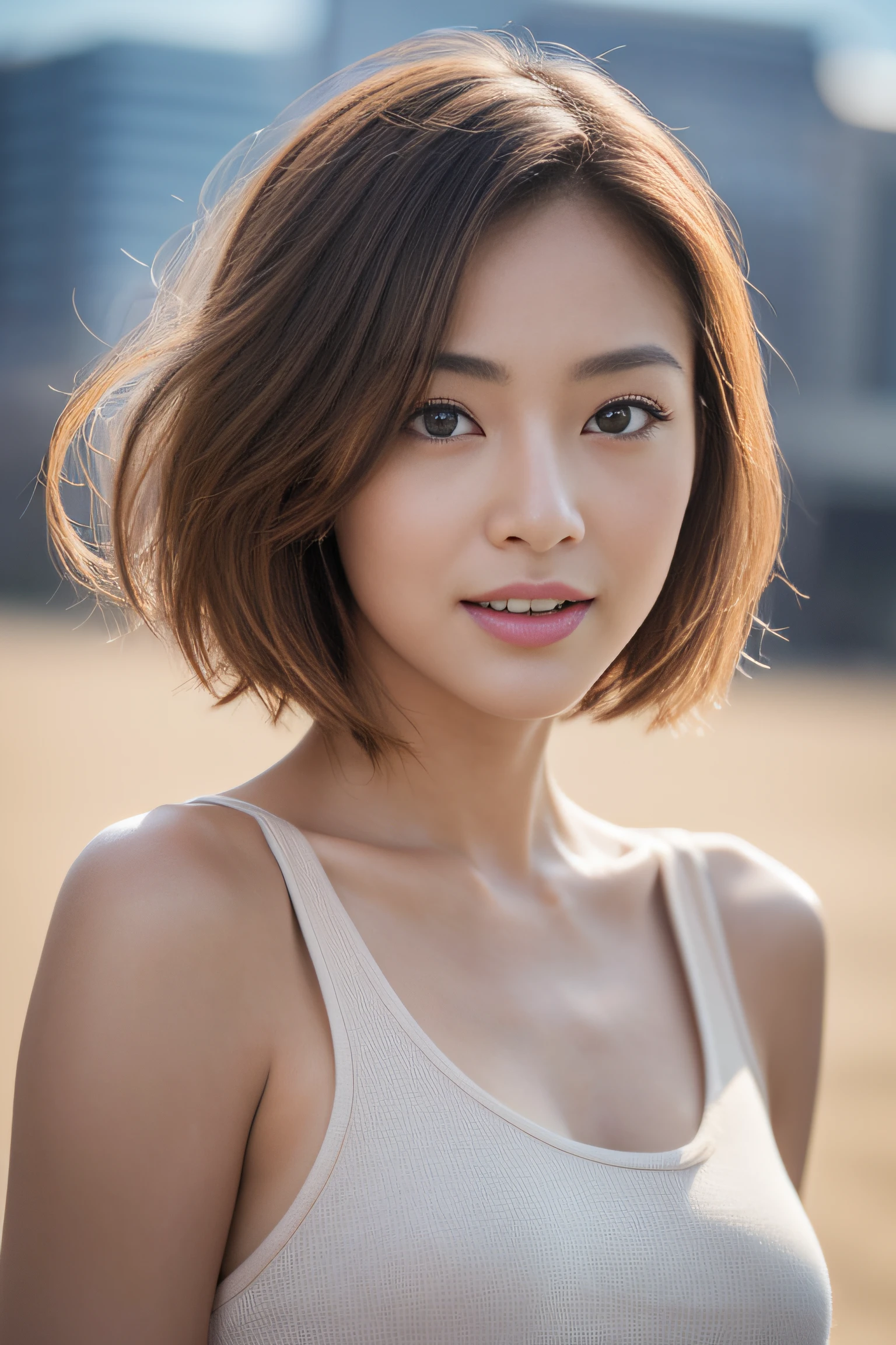 (masterpiece:1.2), ultra detailed, ultra high res, (realistic, photo realistic:1.37), high detail RAW color photo, professional photograph, an extremely delicate and beautiful, extremely detailed, 8k wallpaper, Amazing, finely detail, huge file size, extremely detailed beautiful girl, extremely detailed face, extremely detailed eyes, extremely detailed skin, extremely detailed fingers, highly detailed nose, highly detail mouth, Perfect Anatomy, Highly detailed background, (a famous actress of Japan:1.2), (gals:1.5), (flat chest), brown race, dark skin, blond hair, (very short hair:1.2), (happy face:1.2), (wind blowing:1.3), dynamic pose, T-shirt, fly in sky, stunning high-rises background, stunningly beautiful, blush, Fantasy, highly detailed, dynamic lighting, daytime,