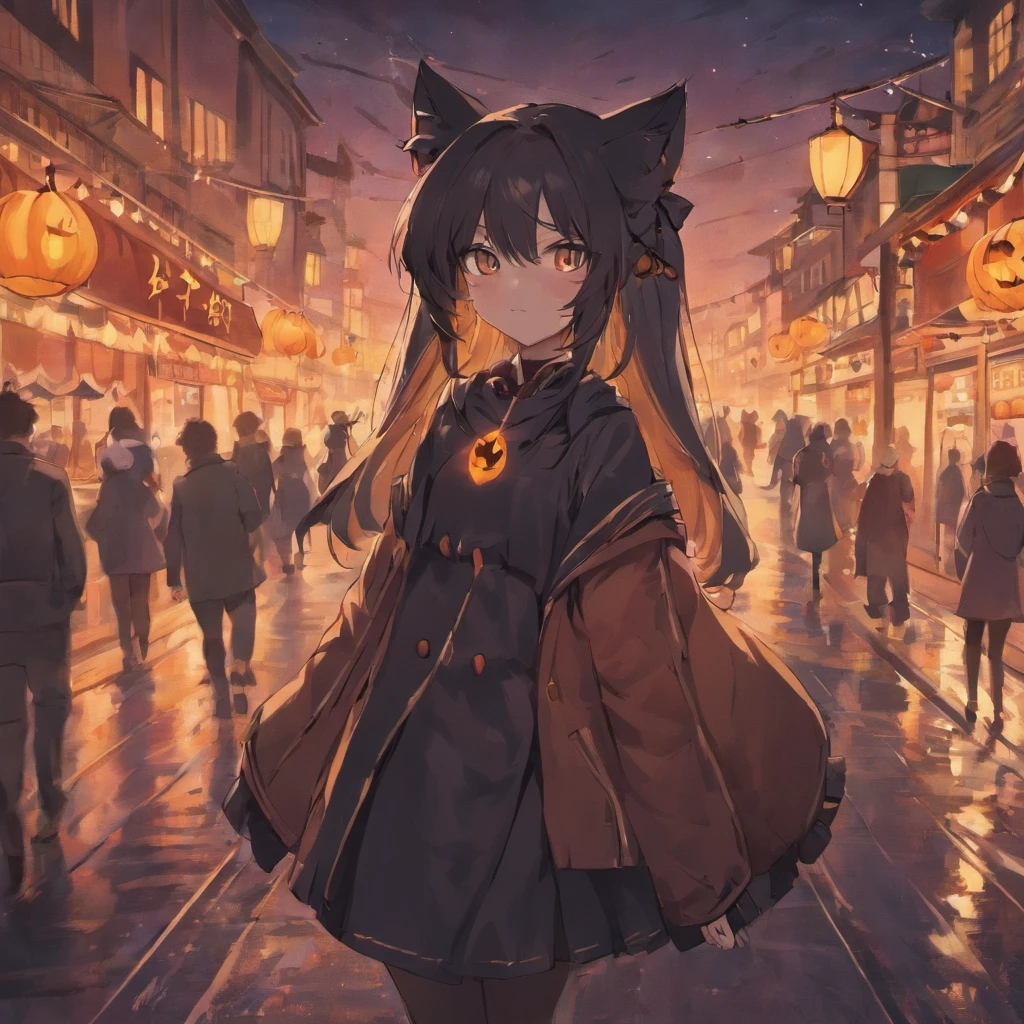 ((concept-art))、((Landscape only))、(No person)、Halloween Night、Fashionable、jolly、Casual details、Concept Design、black cat、There is a black cat、