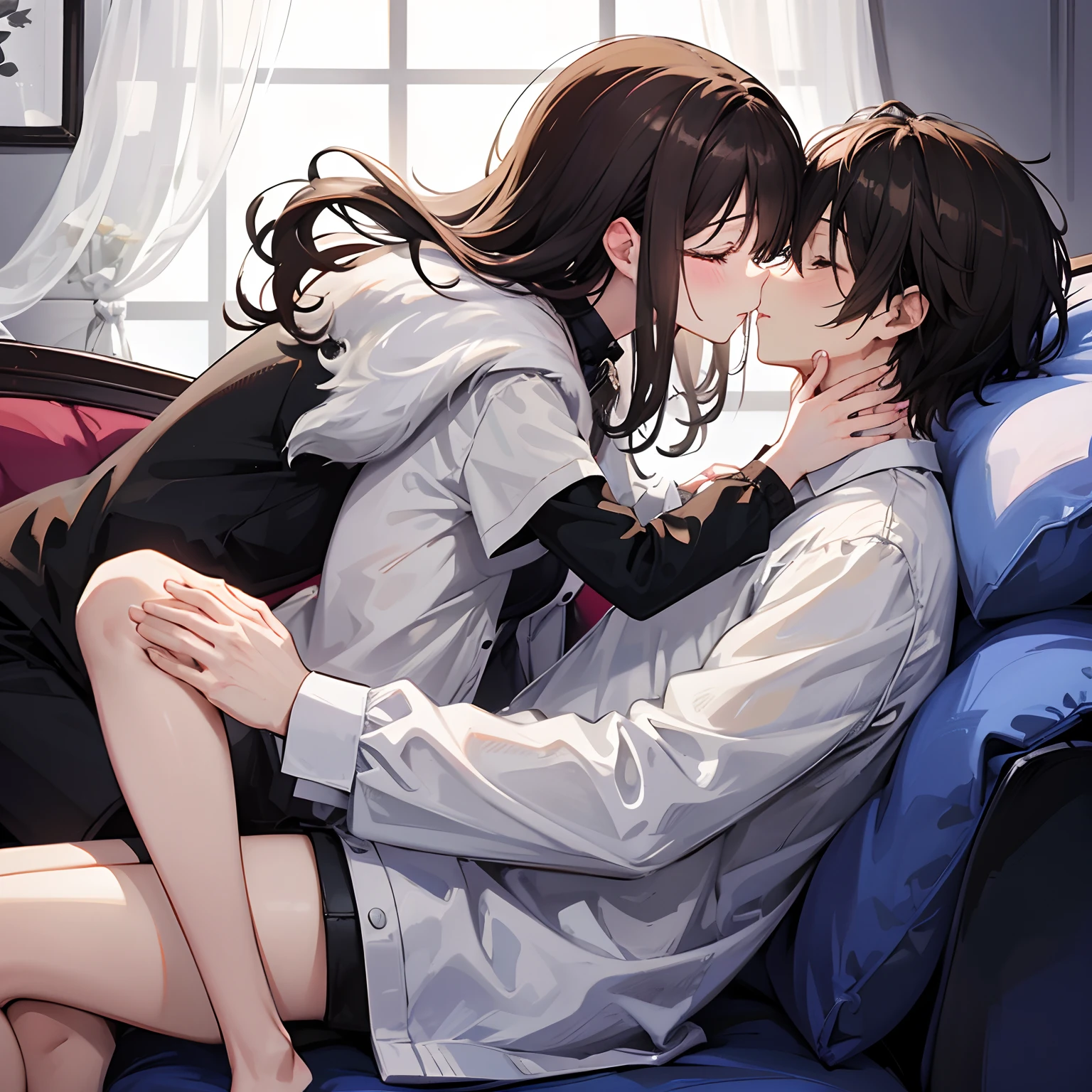 Male and female couples in their 20s、1 male, 1 female、Light clothing for both men and women、During a kiss、Glossy atmosphere、Saliva spills、femele(Brown hair semi-long)closing eye、Sweet sigh、male people(black hair shorthair、Right hand on a woman's cheek、legs showing)Close your eyes strongly、Background with(a room、sofa)、deep in the night、Darker