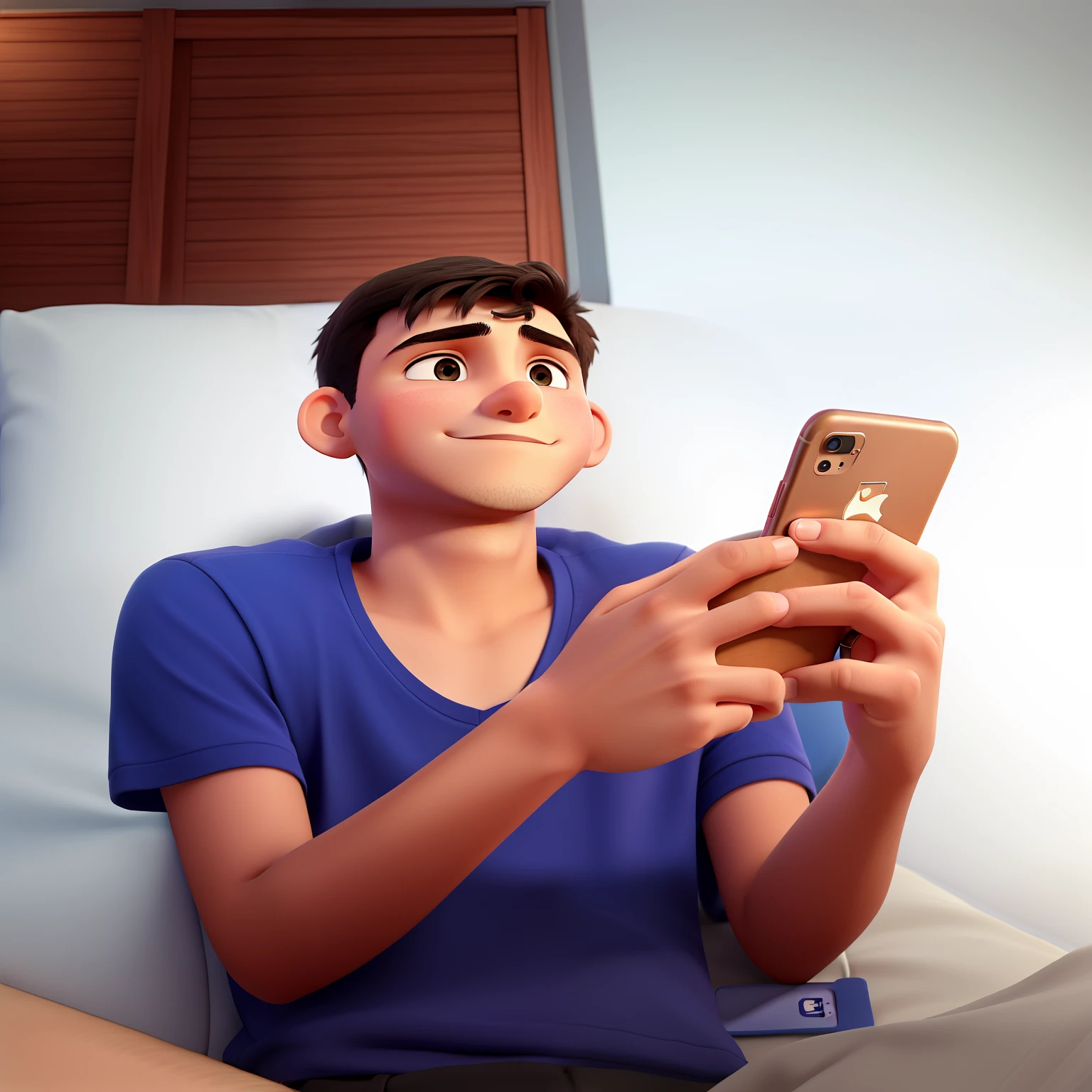 Um jovem de sentado na sua cama mexendo no seu celular