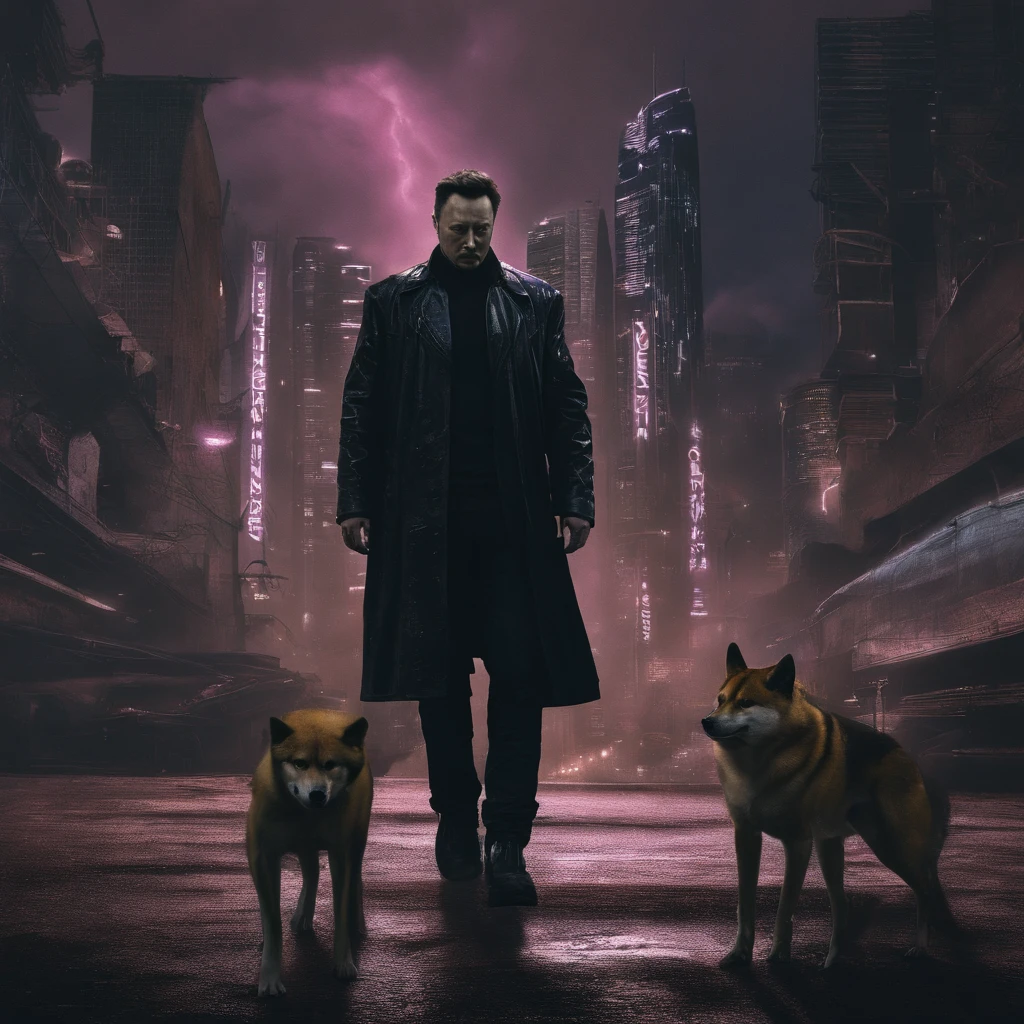 Elon Musk com Shiba Walk na cidade de Cyberpunk 2077, casaco preto longo com logotipo dourado btcon peito