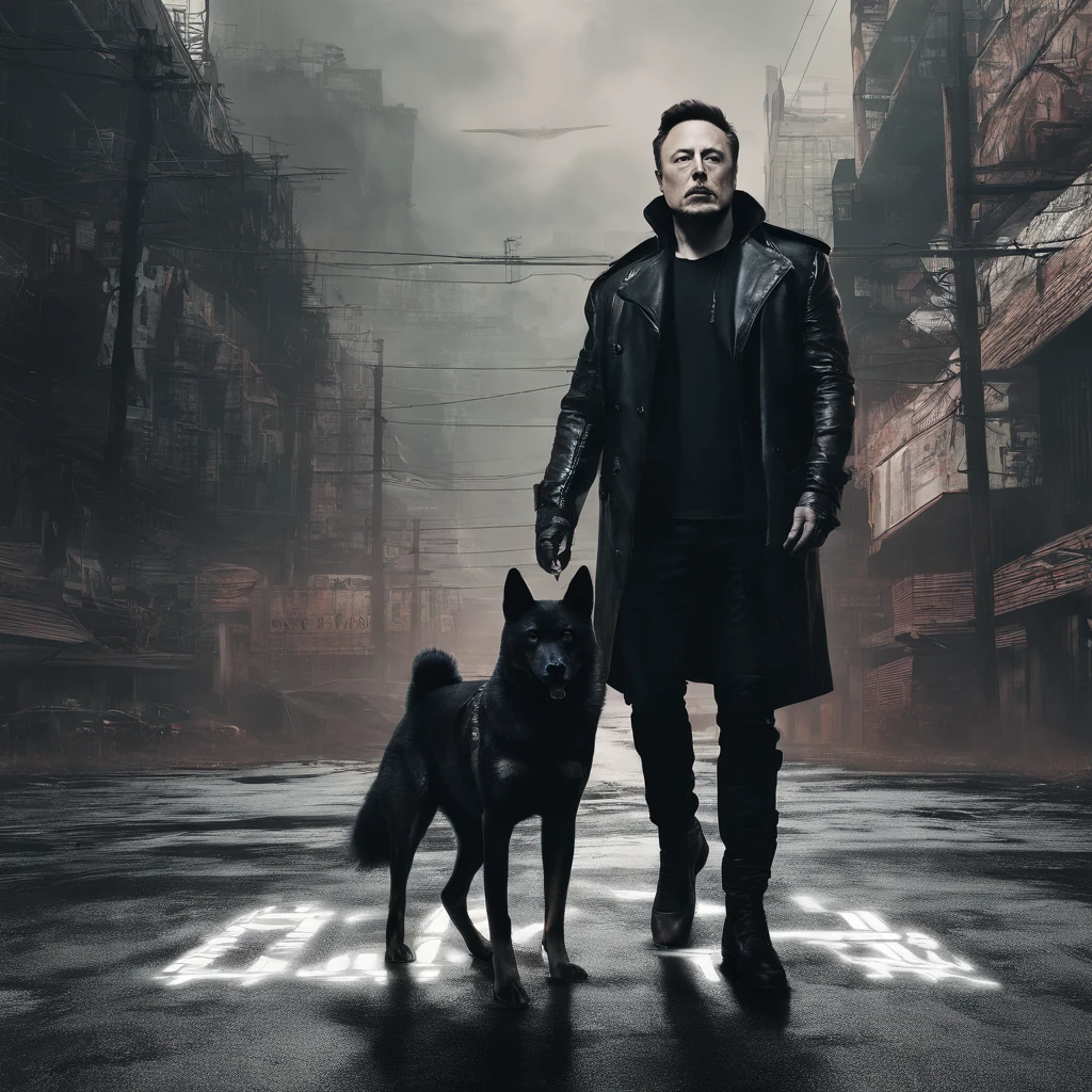Elon Musk com Shiba Walk na cidade de Cyberpunk 2077, casaco preto longo com logotipo dourado btcon peito