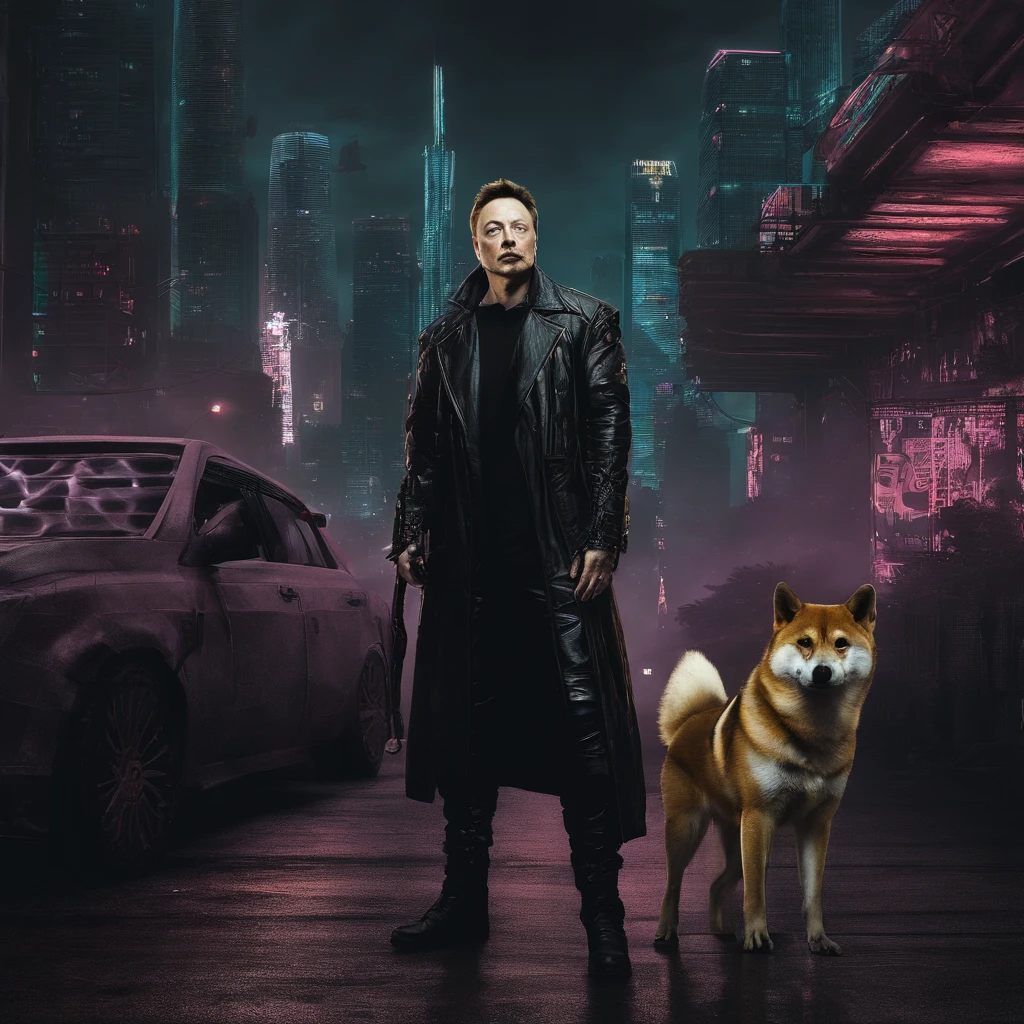 Elon Musk com Shiba Walk na cidade de Cyberpunk 2077, casaco preto longo com logotipo dourado btcon peito