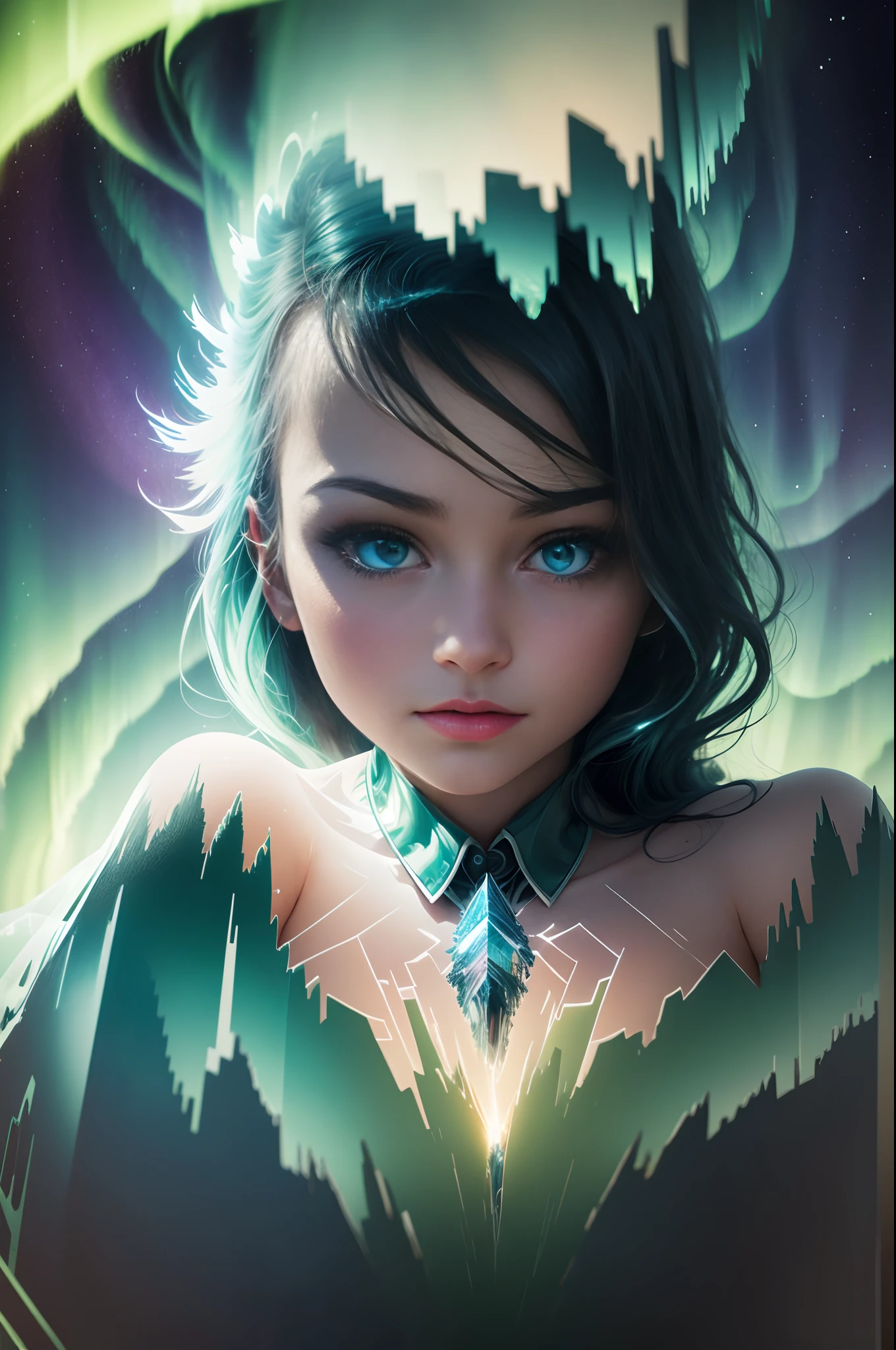 tmasterpiece, 4K, Hyper-Resolution, Optimal image resolution,aurora borealis,photography of,(Doubleexposure:1.8),A chaotic storm of aurora erupted in the transparent girl's brain,The transparent and ethereal girl's face blends with the aurora,Express your thoughts, Emotions and dreams in the surreal and magical Northern Lights landscape. Abstract portrait of a transparent girl,Northern Lights landscape,Epic surrealist style,Epic dreamy style,epic digital art illustration,Epic Arctic landscapes