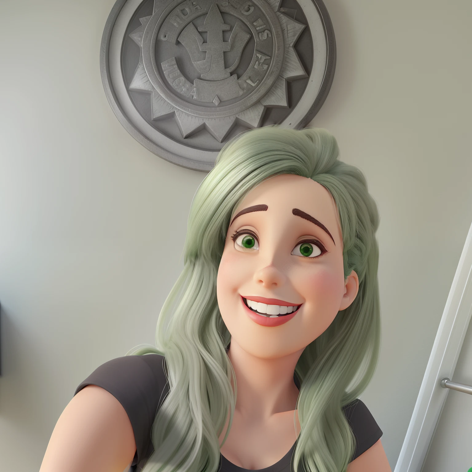 mulher loira magra, o9lhos verdes, sorridente, vestida com uma camiseta preta, sentada em sua sacada, recebendo luz natural, com um quase de uma buda na parede