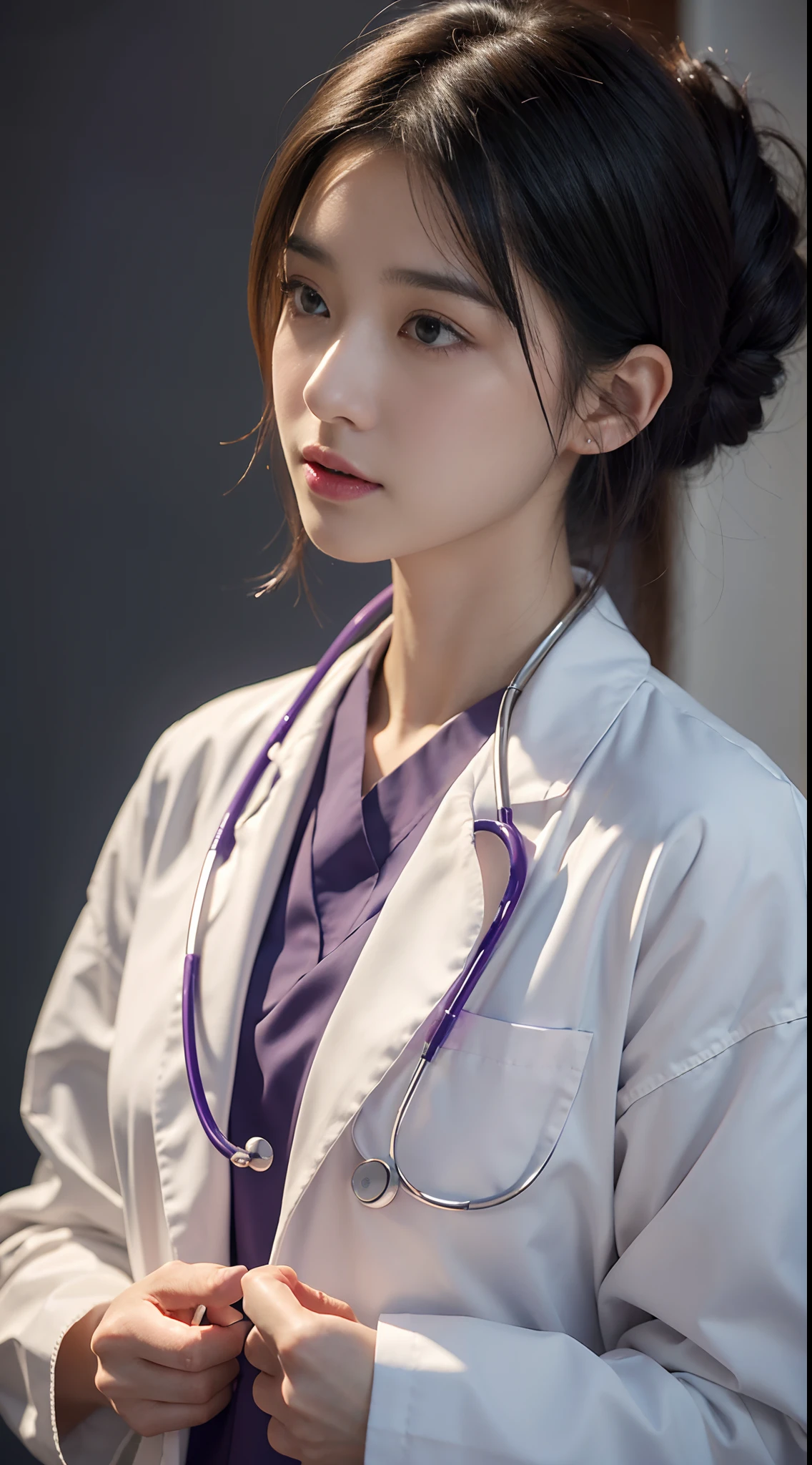 Photorealistic beautiful doctor、stunningly beautiful、doctors white coat, Collared shirt、(top-quality、8K、32K、masterpiece、nffsw:1.3)、超A high resolution,(Photorealsitic:1.4),Raw photography, Detailed face,shoulder length straight black short hair, ((Doctor Style)), Purple surgical uniform,Natural makeup,small breasts,inside hospital, Detailed background, Perfect Lighting, depth of fields, Beautiful shadow gradient,stethoscope ,