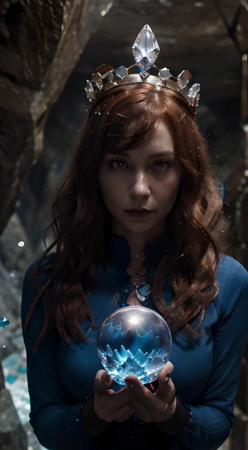 (absurdres, highres, ultra detailed), 1woman, mature female, aged up, wavy long hair, auburn hair, coral eyes, bangs, long sleeves, finely detailed eyes and detailed face, extremely detailed CG unity 8k wallpaper, intricate details, (style-swirlmagic:1.0),  looking at viewer, solo, upper body, detailed background, close up,  detailed face, (gothic dark ages theme:1.1), crystal sorcerer,  dynamic pose, earth themed clothes, crystal crown,  floating in the air, glowing magical shards, surrounded by blue magical crystals,  rock formations, stalactites,  magical floating particles, crystal glass,  crystal sphere, crystal canyon background, (shallow water:0.7),  epic ethereal atmosphere,   updraft,, portrait