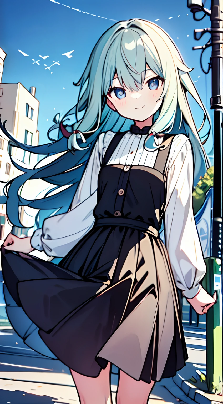 masuter piece, Best Quality,32K、Wallpaper, ultra -detail, Absurd beauty, 1beautiful girl、Big crisp eyes、Hair fluttering in the wind、Slender legs、Make your head smaller、miscievous smile、Angle looking up from below:1.3、♡♡♡、(Poses in motion)、Street:1.2