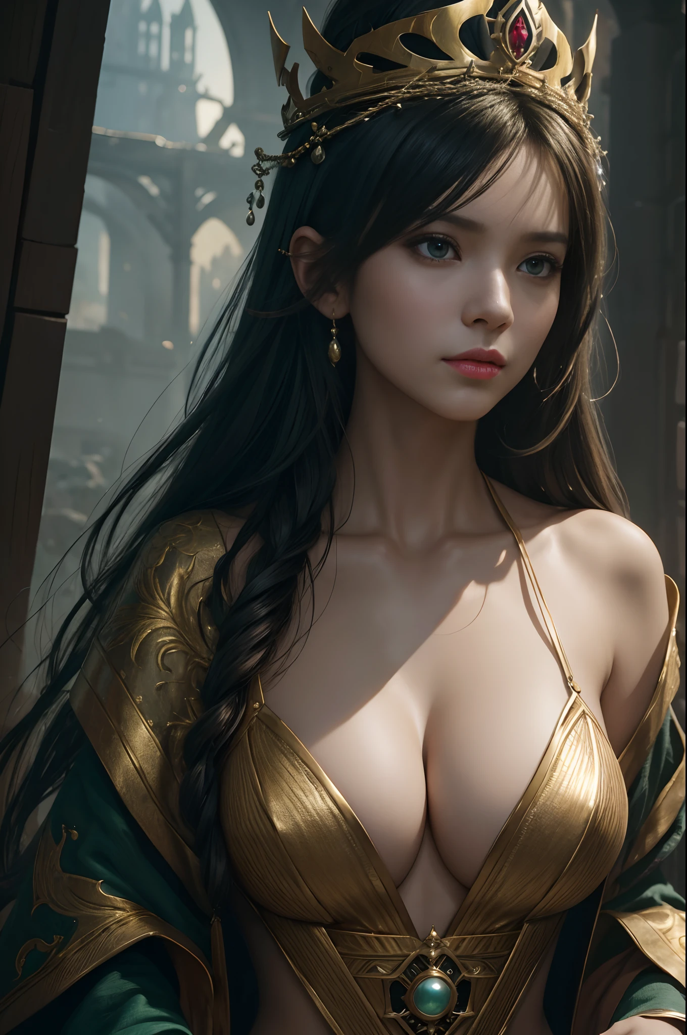 8K,Model Chute Style、(the Extremely Detailed CG Unity 8K Wallpapers)、full-shot body photo of the most beautiful artwork in the world、English Medieval Witches、Green Valley、Pearl skin、Golden crown、Diamonds、Medieval architecture、Edbrink、Ateigairan、Studio Ghibli、Jeremy Mann、Greg Munchez、Antonio Moro、Trending on ArtStation、Trending in CGSighbour、 Dense and、Up to detail、Sharp focus、Dramatic and photorealistic painting art by Midjourney and Greg Rutkowski,Sexy costume,large full breasts,