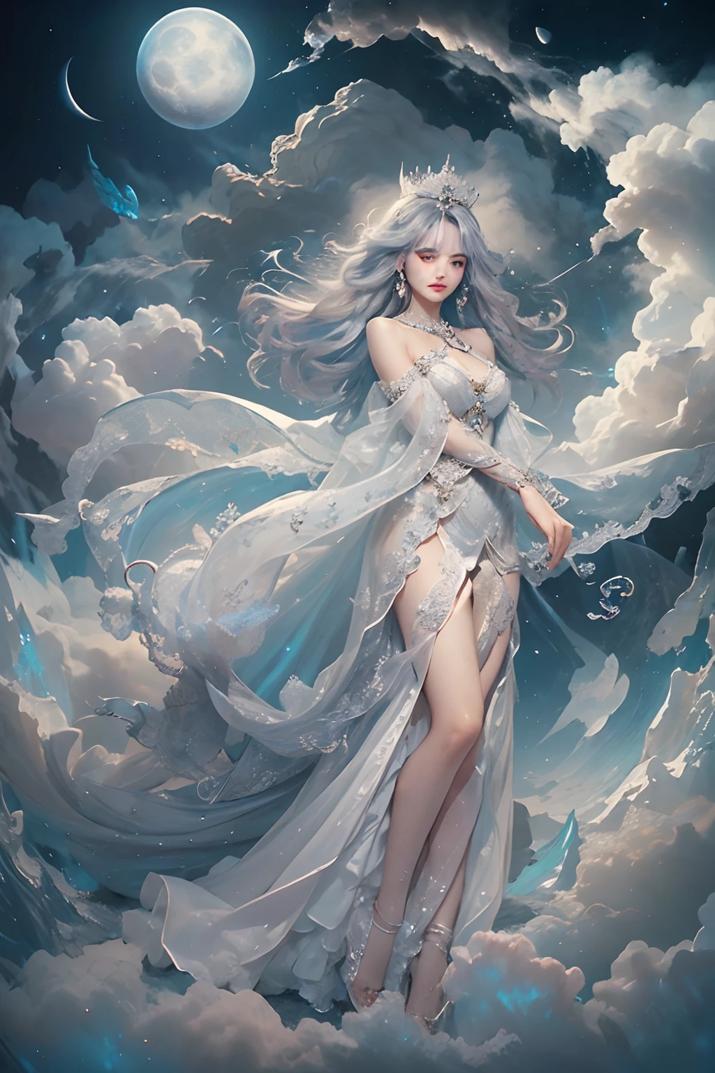 "(masterpiece: 1.3), 8K UHD resolution, ethereal Moon Goddess with unparalleled beauty, Smooth, captivating movement, (Best Illustration),(Best Silhouette), (Liner sharp eyes, eye shadow, detailed eyes: 1.7, bioluminescent body: 1.7. (Body floating in the air): 1.5. (surrounding drifting clouds, night sky), gentle, graceful demeanor shape, pure elegant temperament, dynamic posture, floating beads. (Exquisite silk dress, delicate silver pattern, extremely meticulous), (exquisite crown, extremely detailed).