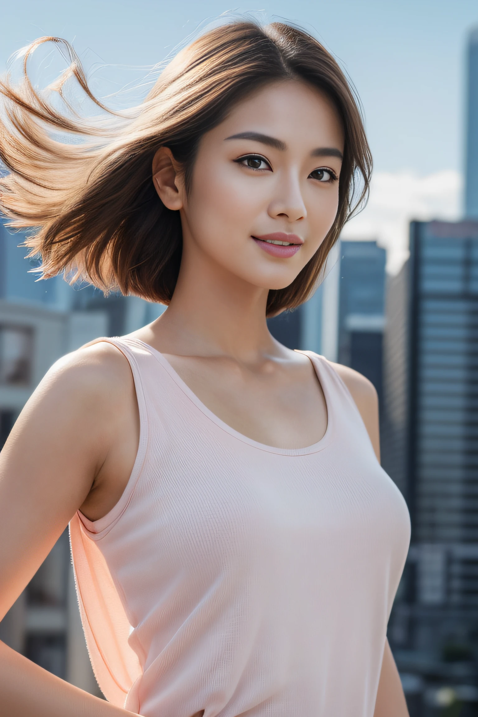 (masterpiece:1.2), ultra detailed, ultra high res, (realistic, photo realistic:1.37), high detail RAW color photo, professional photograph, an extremely delicate and beautiful, extremely detailed, 8k wallpaper, Amazing, finely detail, huge file size, extremely detailed beautiful girl, extremely detailed face, extremely detailed eyes, extremely detailed skin, extremely detailed fingers, highly detailed nose, highly detail mouth, Perfect Anatomy, Highly detailed background, (a famous actress of Japan:1.2), (gals:1.5), (flat chest), brown race, dark skin, blond hair, (very short hair:1.2), (happy face:1.2), (wind blowing:1.3), dynamic pose, T-shirt, fly in sky, stunning high-rises background, stunningly beautiful, blush, Fantasy, highly detailed, dynamic lighting, daytime, (full body:1.3)