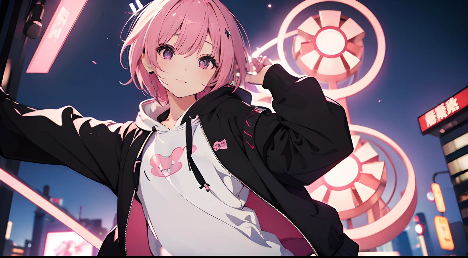 ​masterpiece、top-quality、Movie stills、1girl in、Artistic background、pink shorth hair、headphones、kawaii、with light glowing、Happiness、Short hair、Wearing a black hoodie、Dancing