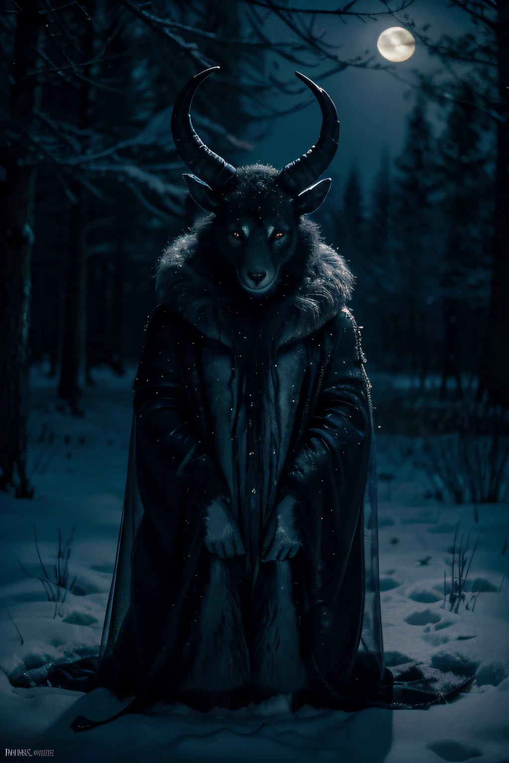 (ultra-detailed,best quality,night,2D) A snowy forest at night with a touch of darkness, featuring a humanoid black creature with a goat head. The creature's horns are long and twisted, and its eyes emit an eerie glow. The forest is covered in a thick blanket of snow, creating a serene and mysterious atmosphere. The snowflakes gently fall from the sky, sparkling under the moonlight. The trees are barren, their branches covered in frost, casting haunting shadows on the ground. The creature stands tall amidst the darkness, its presence both intimidating and captivating. The snowy landscape stretches into the distance, with only the soft glow of the moon illuminating the scene. The overall style of the artwork is 2D, with intricate details capturing the texture of the creature's fur and the frost on the trees. The colors are primarily shades of blue and black, creating a chilling and otherworldly ambiance. The lighting is low and moody, emphasizing the mysterious nature of the creature and the forest.