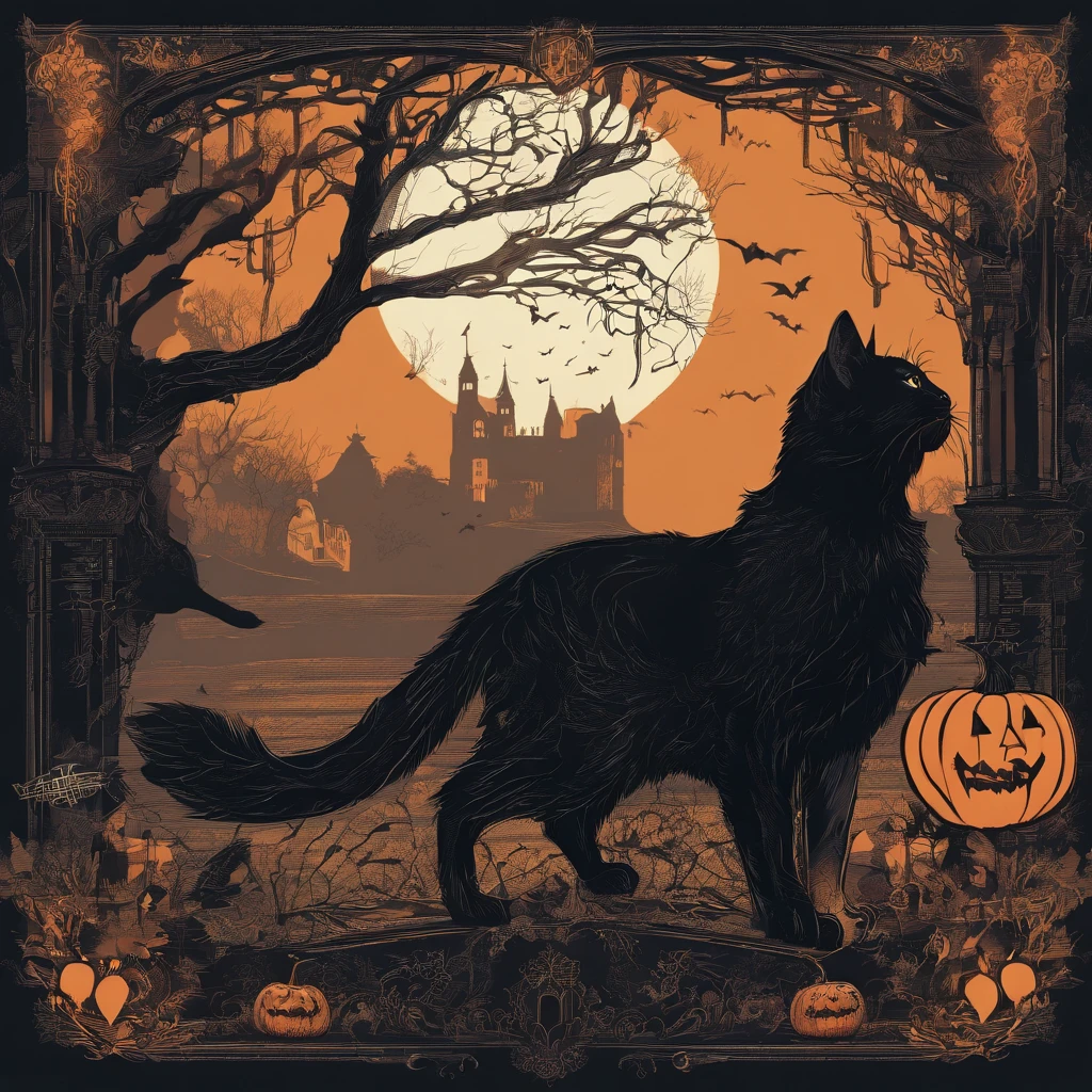 ((concept-art))、((Landscape only))、(No person)、Halloween Night、Fashionable、jolly、Casual details、Concept Design、black cat、There is a black cat、