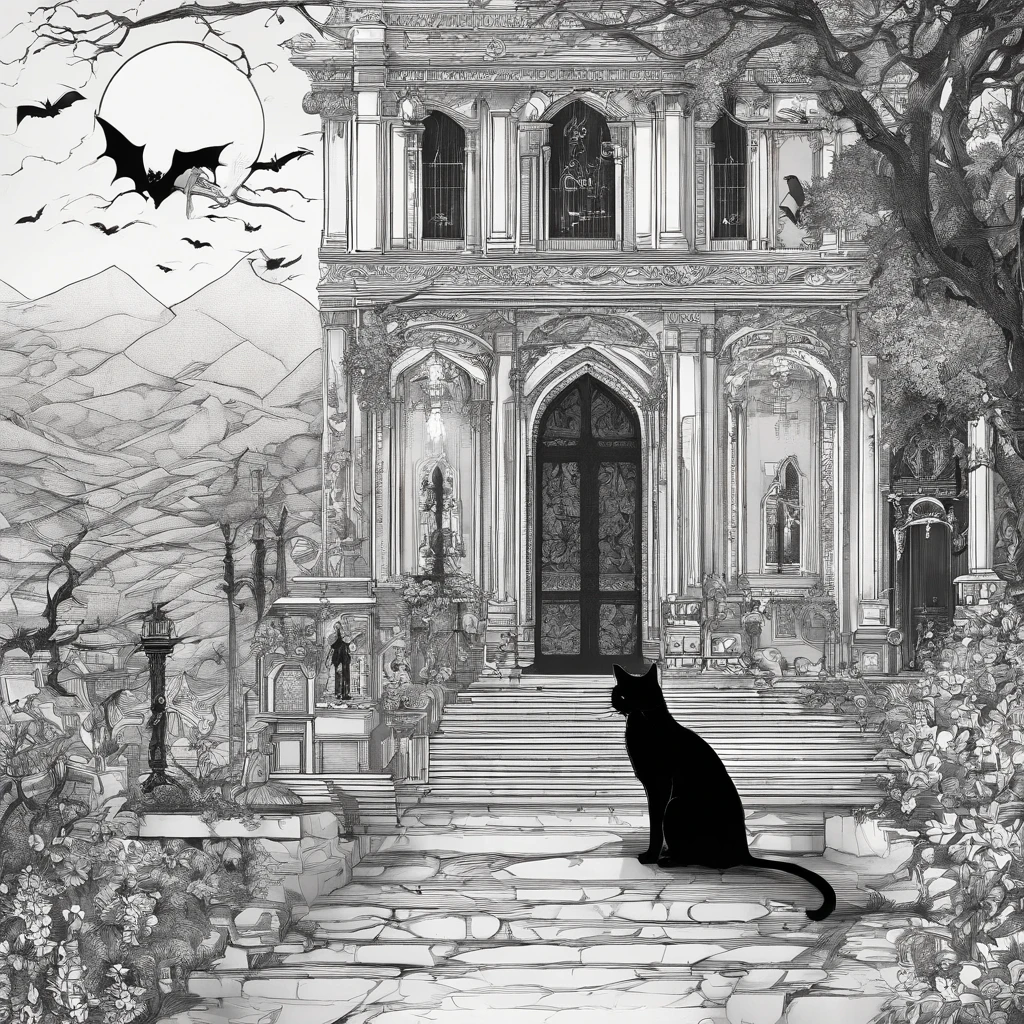 ((concept-art))、((Landscape only))、(No person)、Halloween Night、Fashionable、jolly、Casual details、Concept Design、black cat、There is a black cat、
