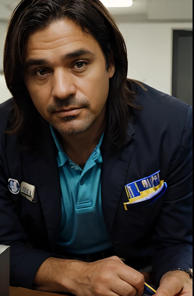 Middle-aged man behind a desk in a meeting room, com uniforme amarelo com detalhes em azul. cabelo preto, porte medio.