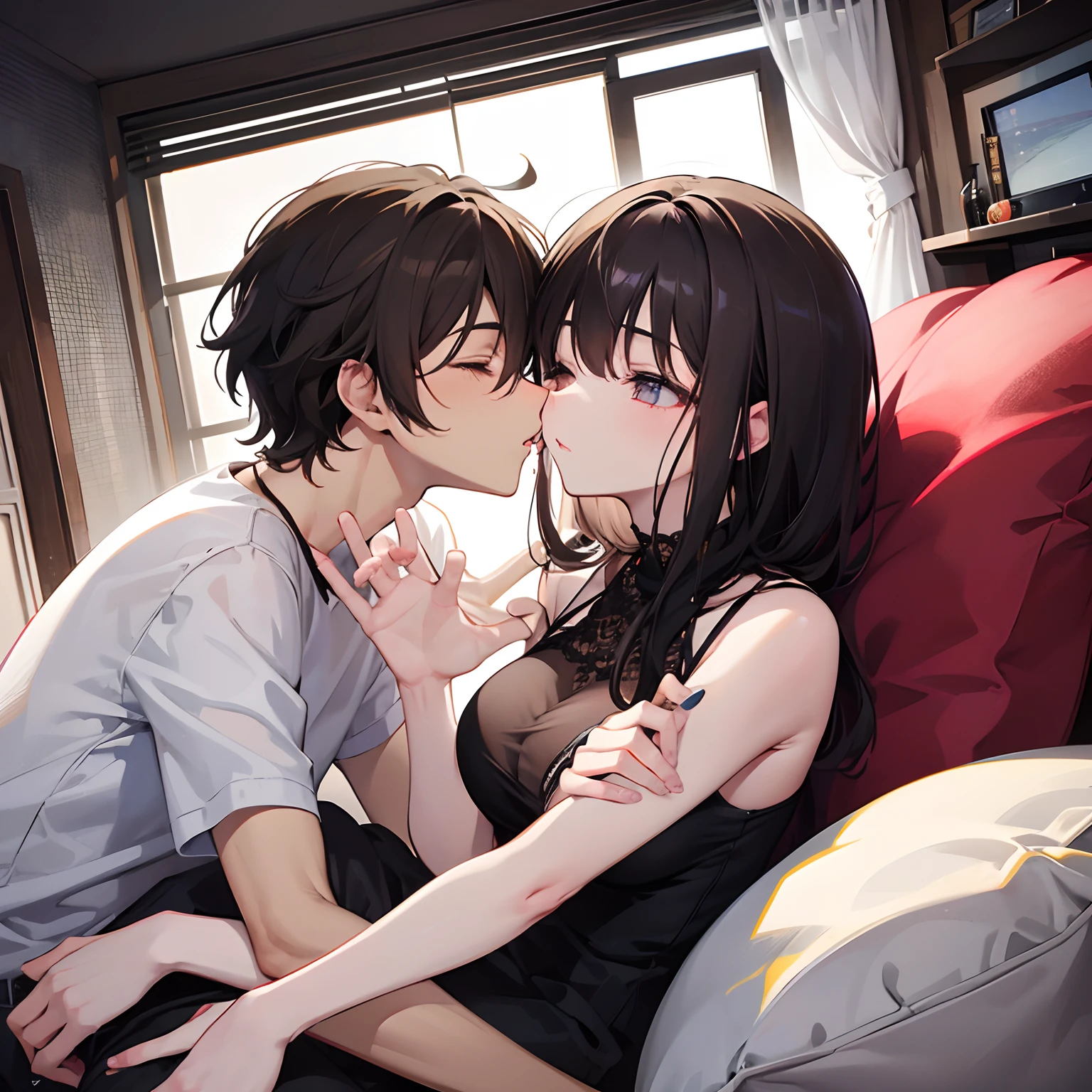 Male and female couples in their 20s、1 male, 1 female、Light clothing for both men and women、During a kiss、Glossy atmosphere、Saliva spills、femele（Brown hair semi-long）closing eye、Sweet sigh、male people（black hair shorthair、Right hand on a woman's cheek、legs showing）Close your eyes strongly、Background with（a room、sofa）、deep in the night、Darker