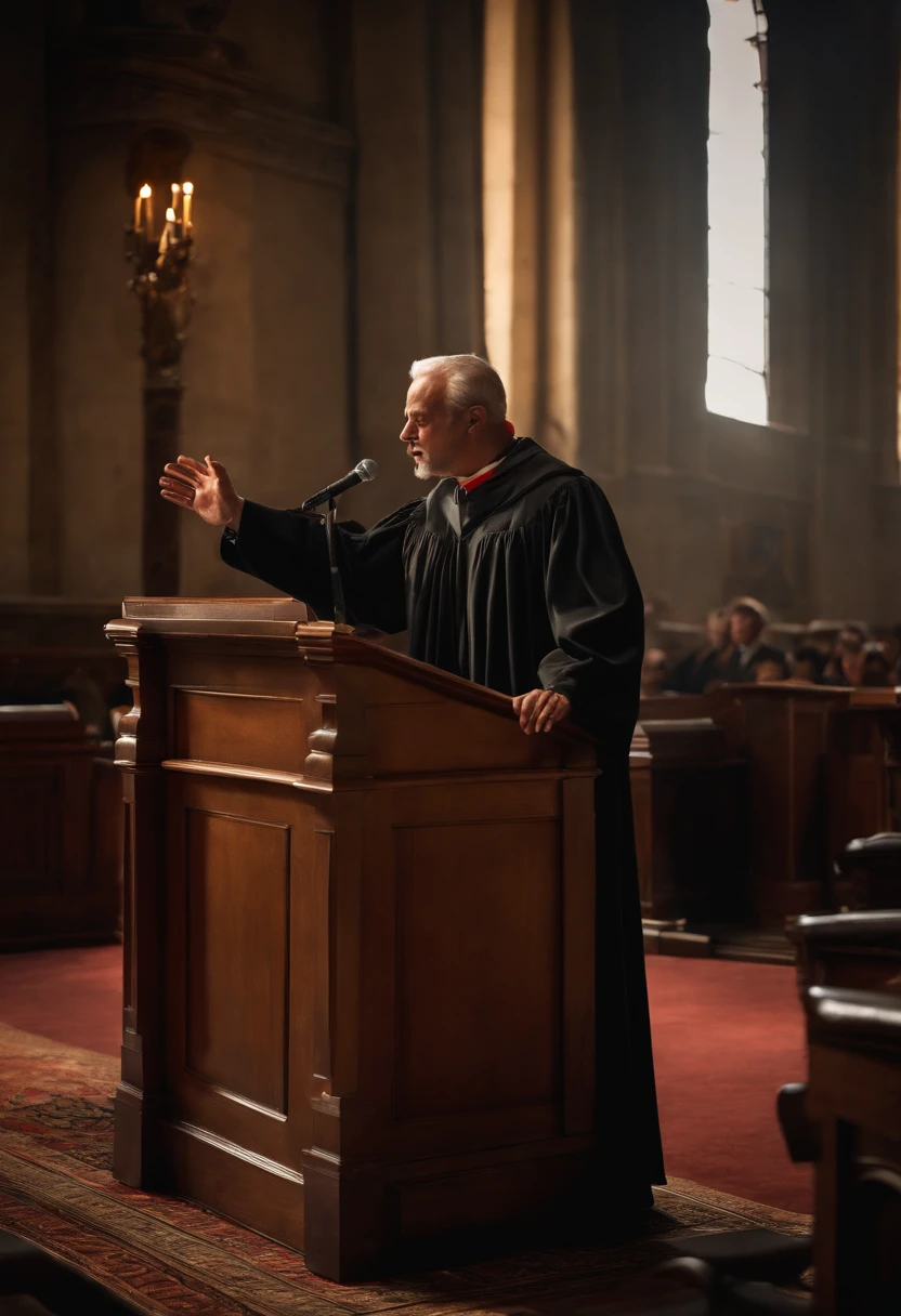 Man preaching aggressively from a pulpit, fotografia, Realistic, circunstanciado, Dramatic