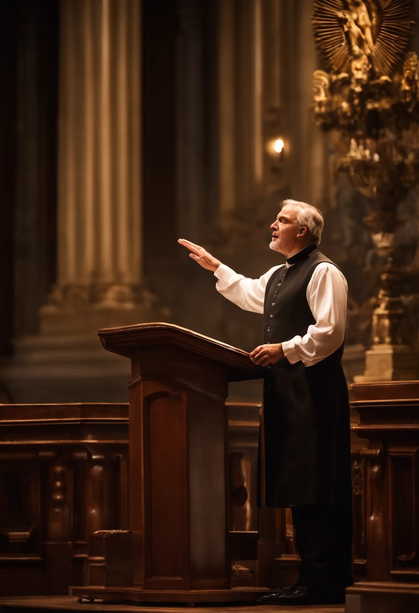 Man preaching aggressively from a pulpit, fotografia, Realistic, circunstanciado, Dramatic