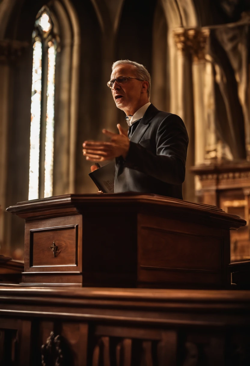 Man preaching aggressively from a pulpit, fotografia, Realistic, circunstanciado, Dramatic