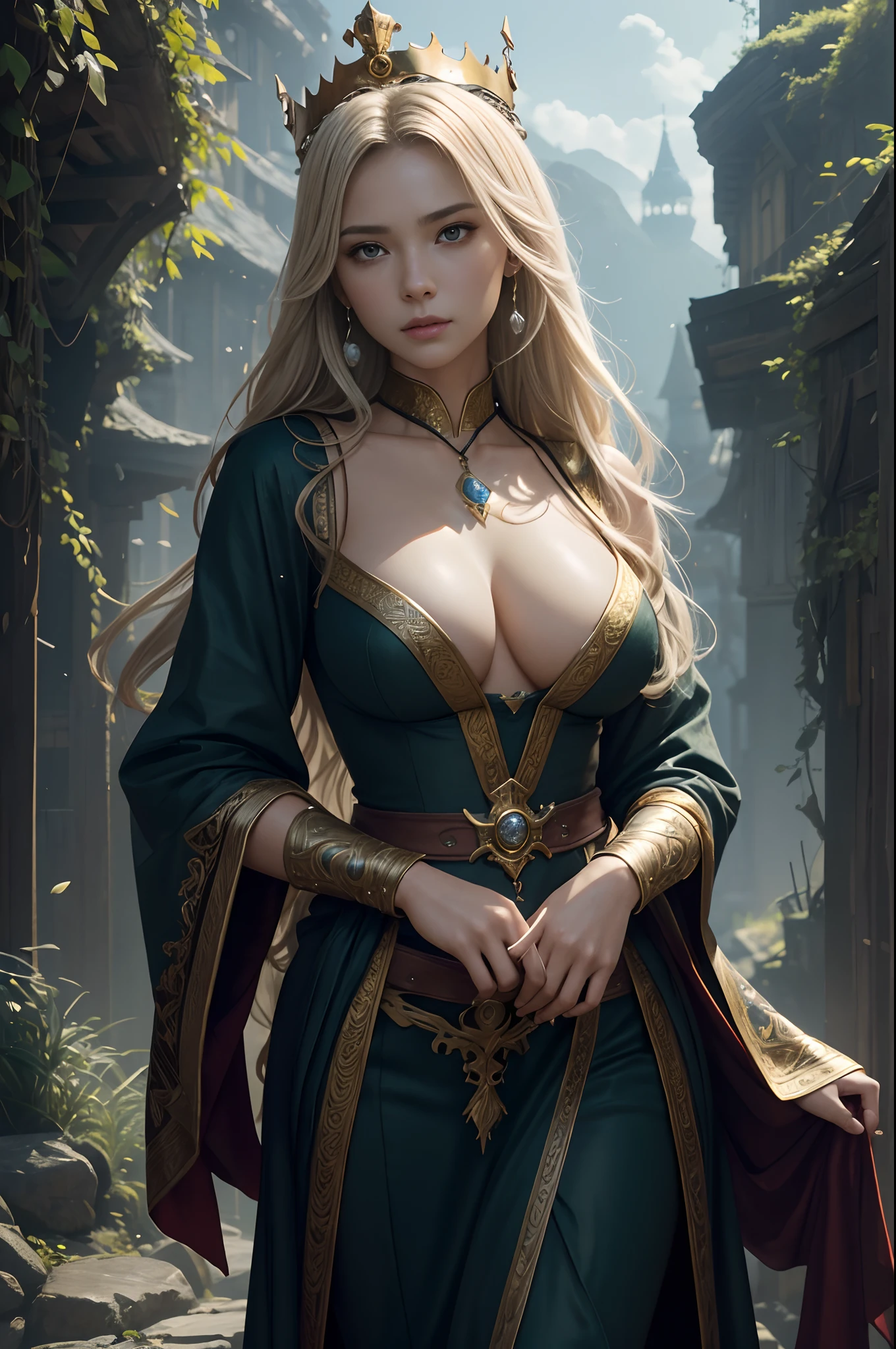 8K,Model Chute Style、(the Extremely Detailed CG Unity 8K Wallpapers)、full-shot body photo of the most beautiful artwork in the world、English Medieval Witches、Green Valley、Pearl skin、Golden crown、Diamonds、Medieval architecture、Edbrink、Ateigairan、Studio Ghibli、Jeremy Mann、Greg Munchez、Antonio Moro、Trending on ArtStation、Trending in CGSighbour、 Dense and、Up to detail、Sharp focus、Dramatic and photorealistic painting art by Midjourney and Greg Rutkowski,Sexy costume,large full breasts,